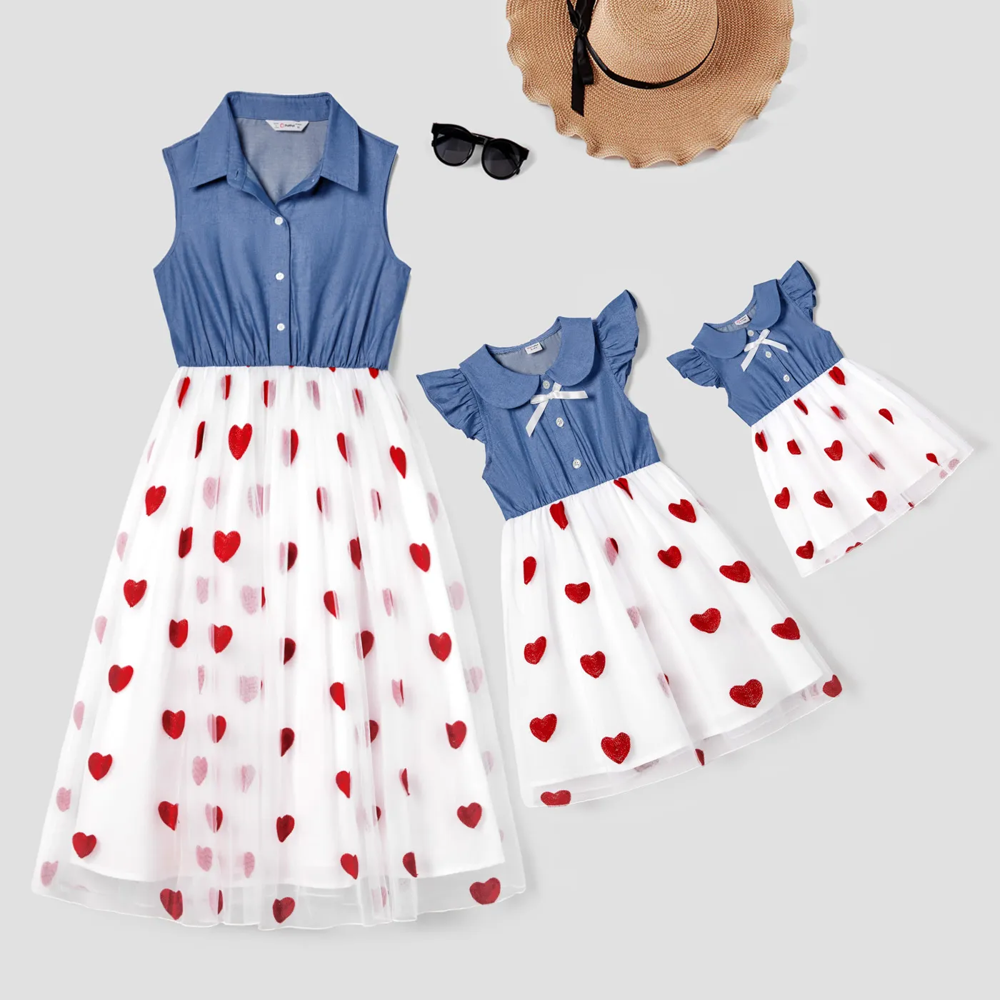 Mommy and Me Matching Heart Embroidered Mesh Splicing Denim Blue Sleeveless Dresses  