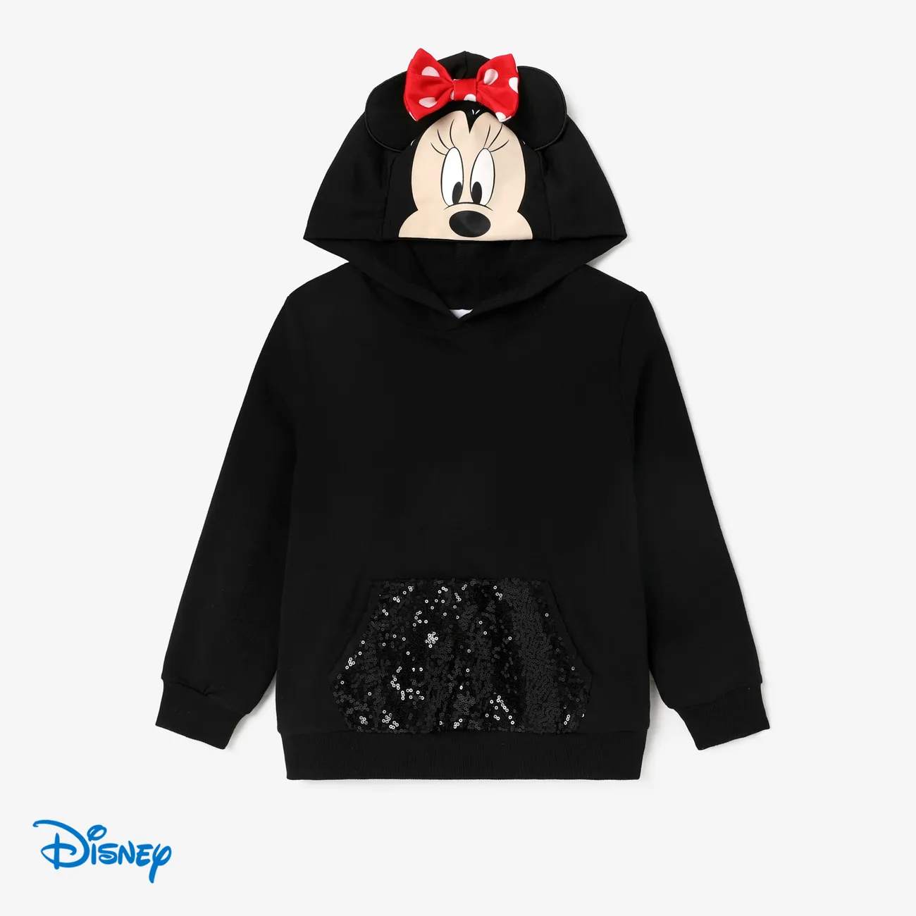 Disney Mickey and Friends Kid Girl Character Print Pop-up Ears Hat with Sequin-covered Pocket Hoodie Black big image 1
