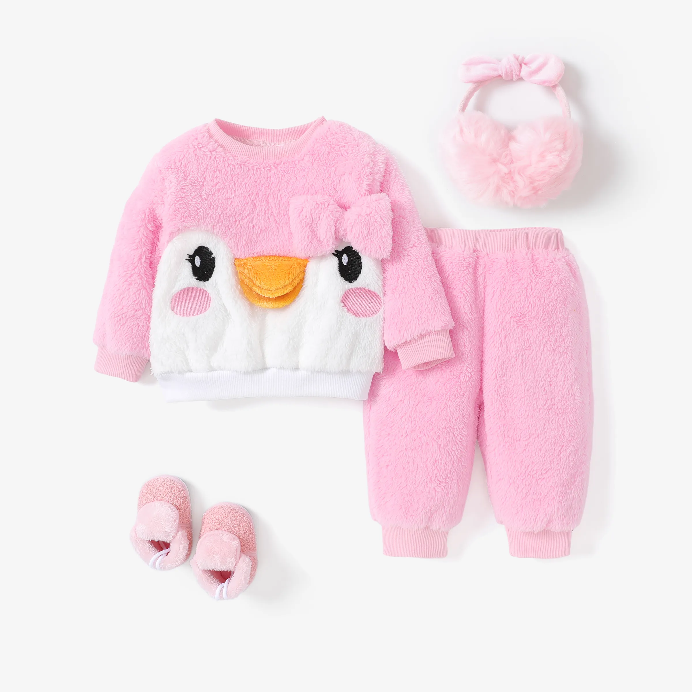 2Pcs Baby Girl Childlike Penguin Animal Pattern Fuzzy Casual Set