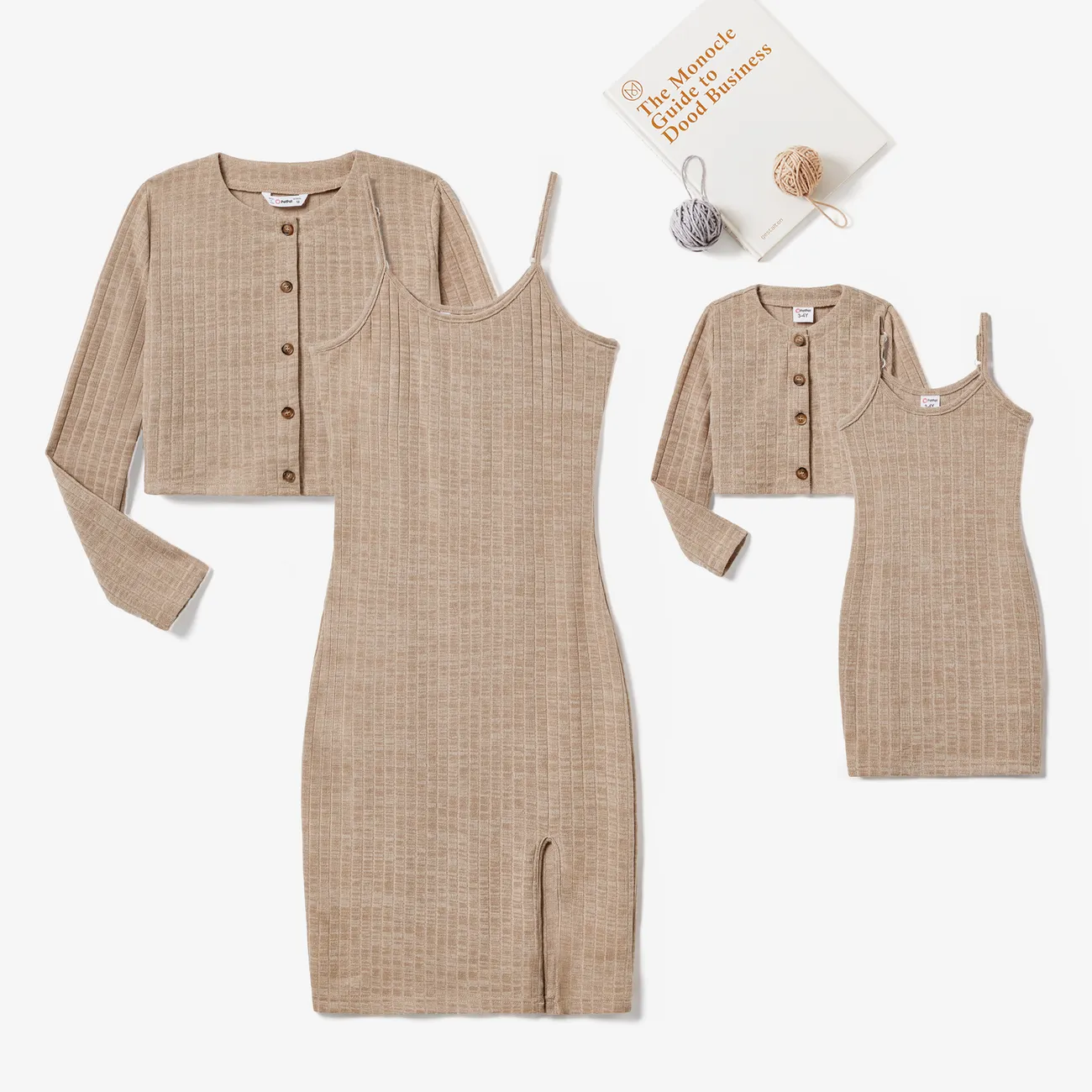 Mommy and Me 2pcs Basic Solid Color Knit Camisole Body-con Dress & Long-sleeve Coat Sets Apricot big image 1