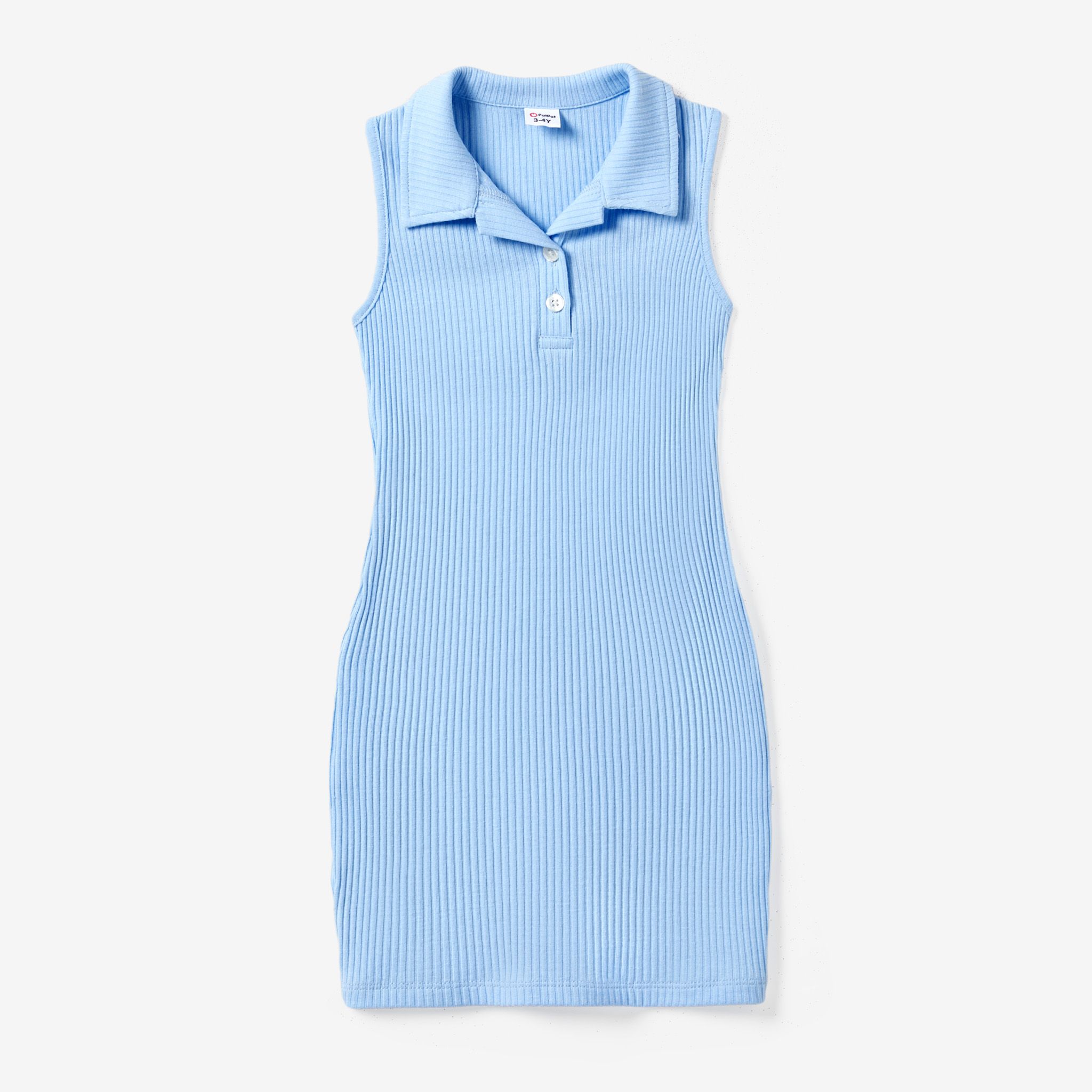 Mommy And Me Light Blue Knitted Ribbed Cotton Quarter-Button Sleeveless Bodycon Dresses