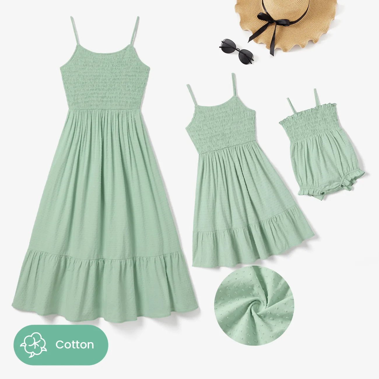 Mommy and Me Swiss Dot Shirred Strap Dress Green* big image 1