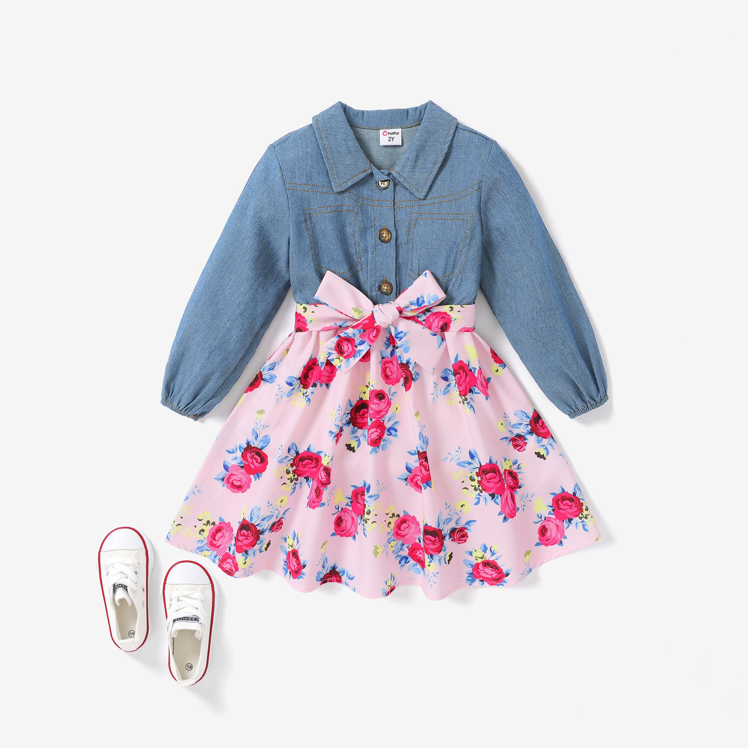 Toddler Girls Sweet Floral Dress Lapel Design Denim Top Dress