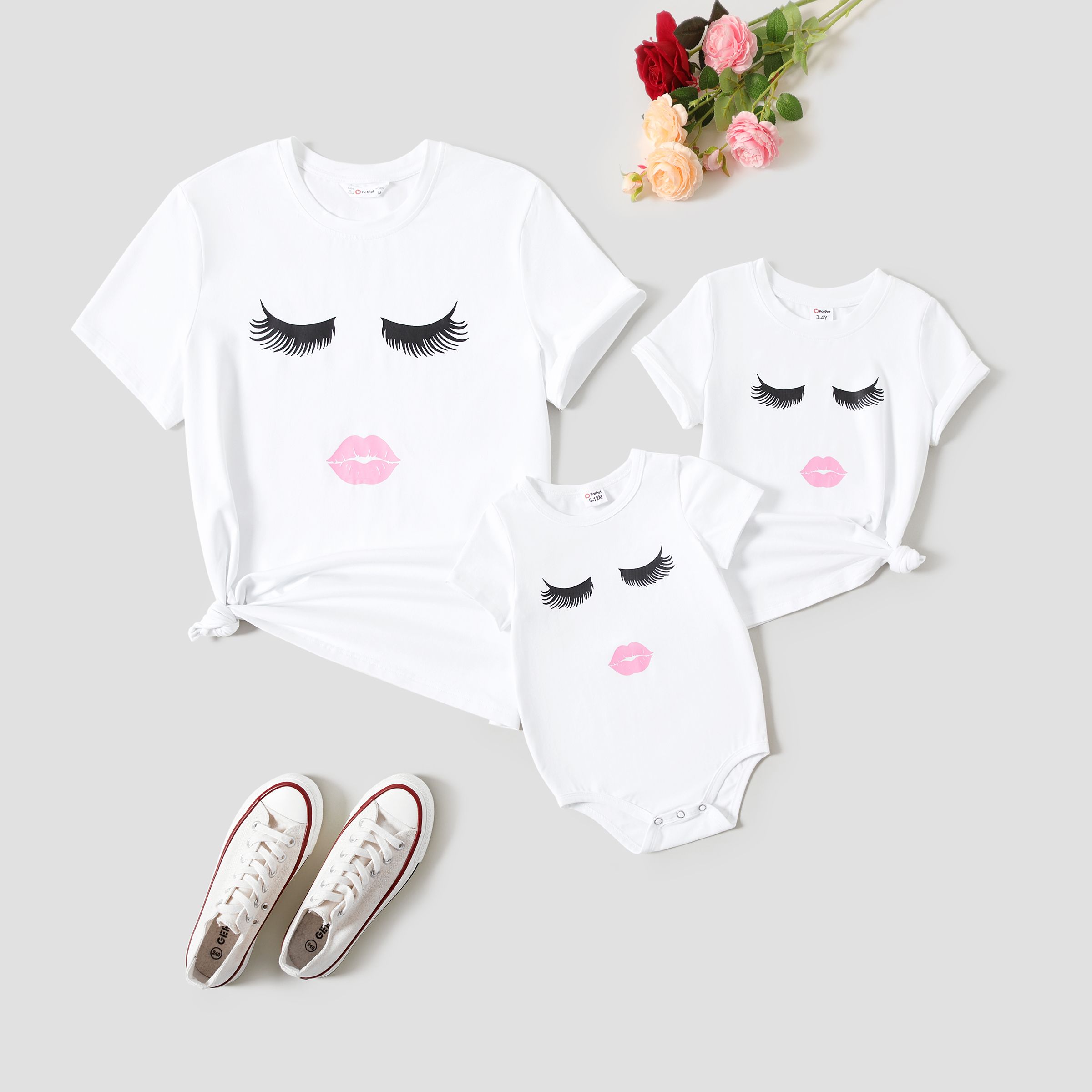Mommy And Me T-shirt En Coton Blanc Imprimé Lèvres Et Cils