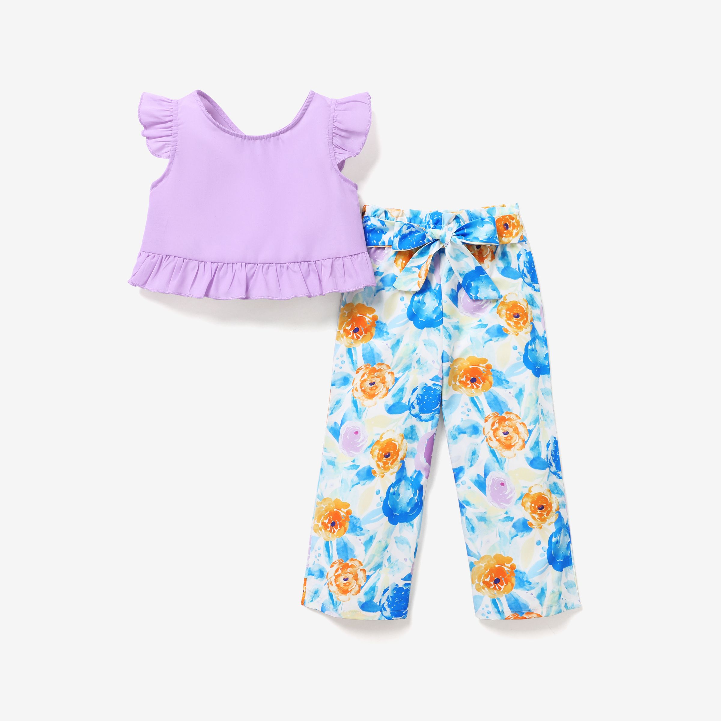 3pcs Toddler Girl Sweet Flutter Sleeve Ruffled  Edge Tee And Flower Pattern Pants Set