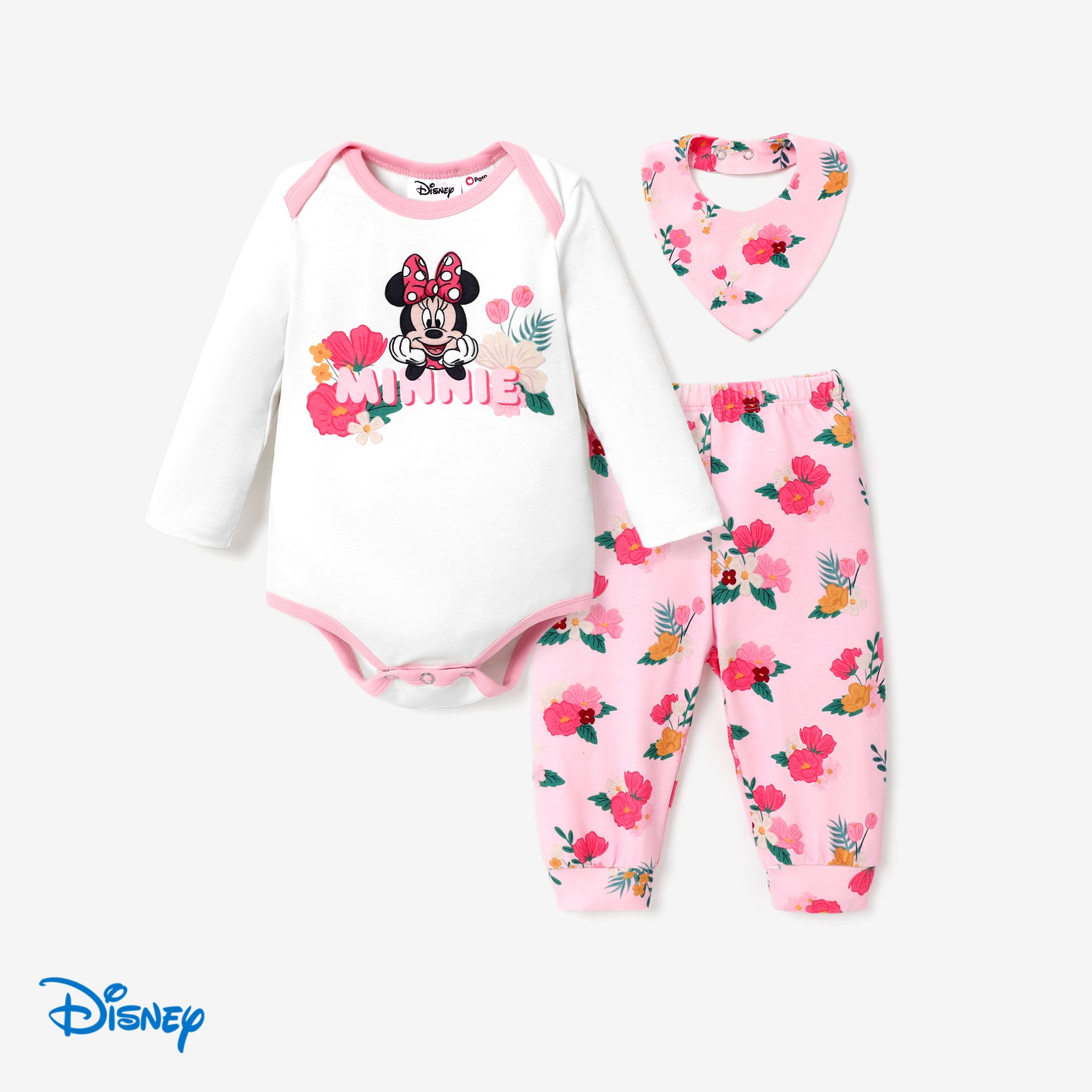 Disney Mickey And Friends Baby Girl 3pcs  Long-sleeve Top/Floral Pants/Bibs Set