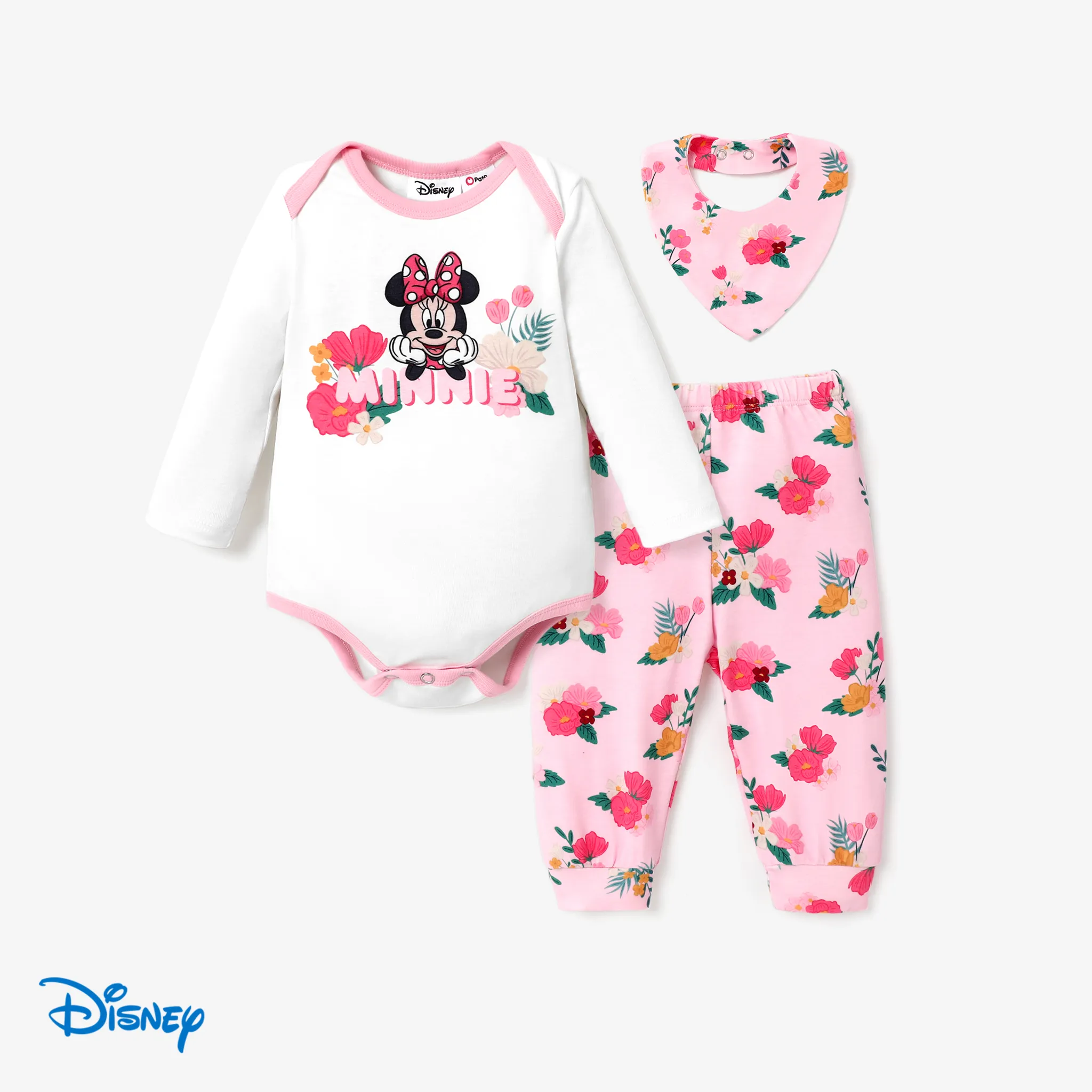 Disney Mickey and Friends Baby Girl 3pcs  Long-sleeve Top/Floral Pants/Bibs Set
