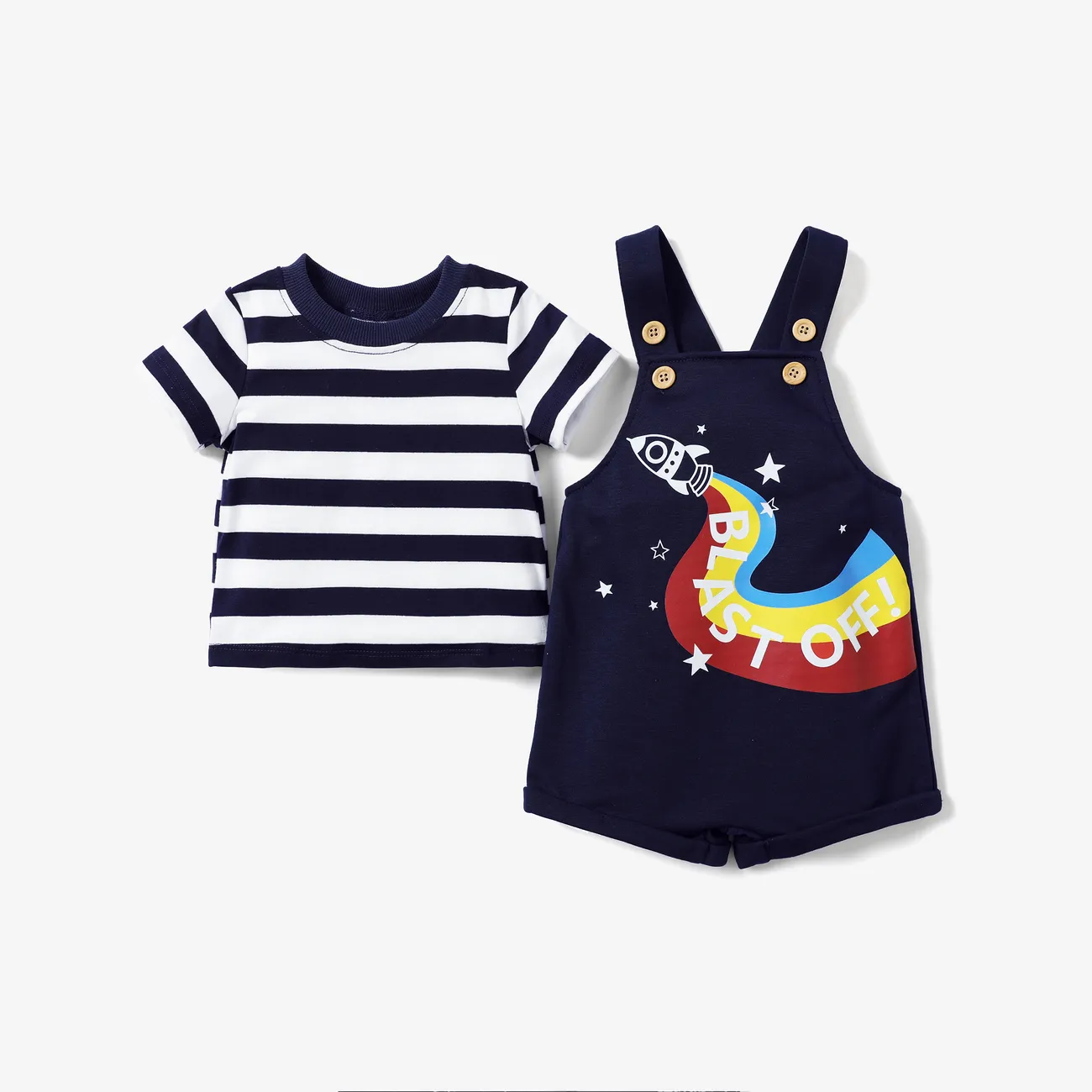 Baby Boy 2pcs Striped Tee and Rocket Print Overalls Set  Dark Blue big image 1