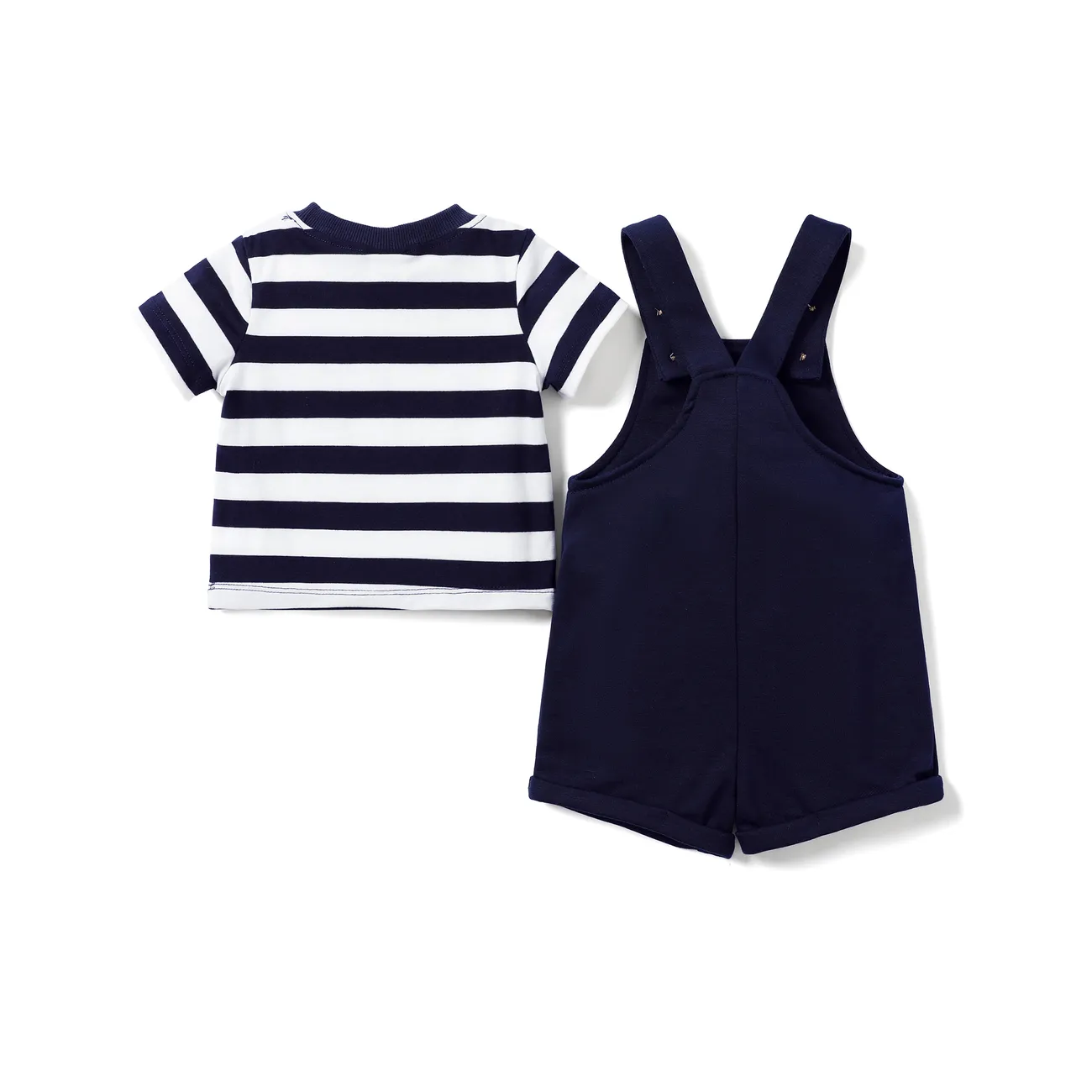 Baby Boy 2pcs Striped Tee and Rocket Print Overalls Set  Dark Blue big image 1