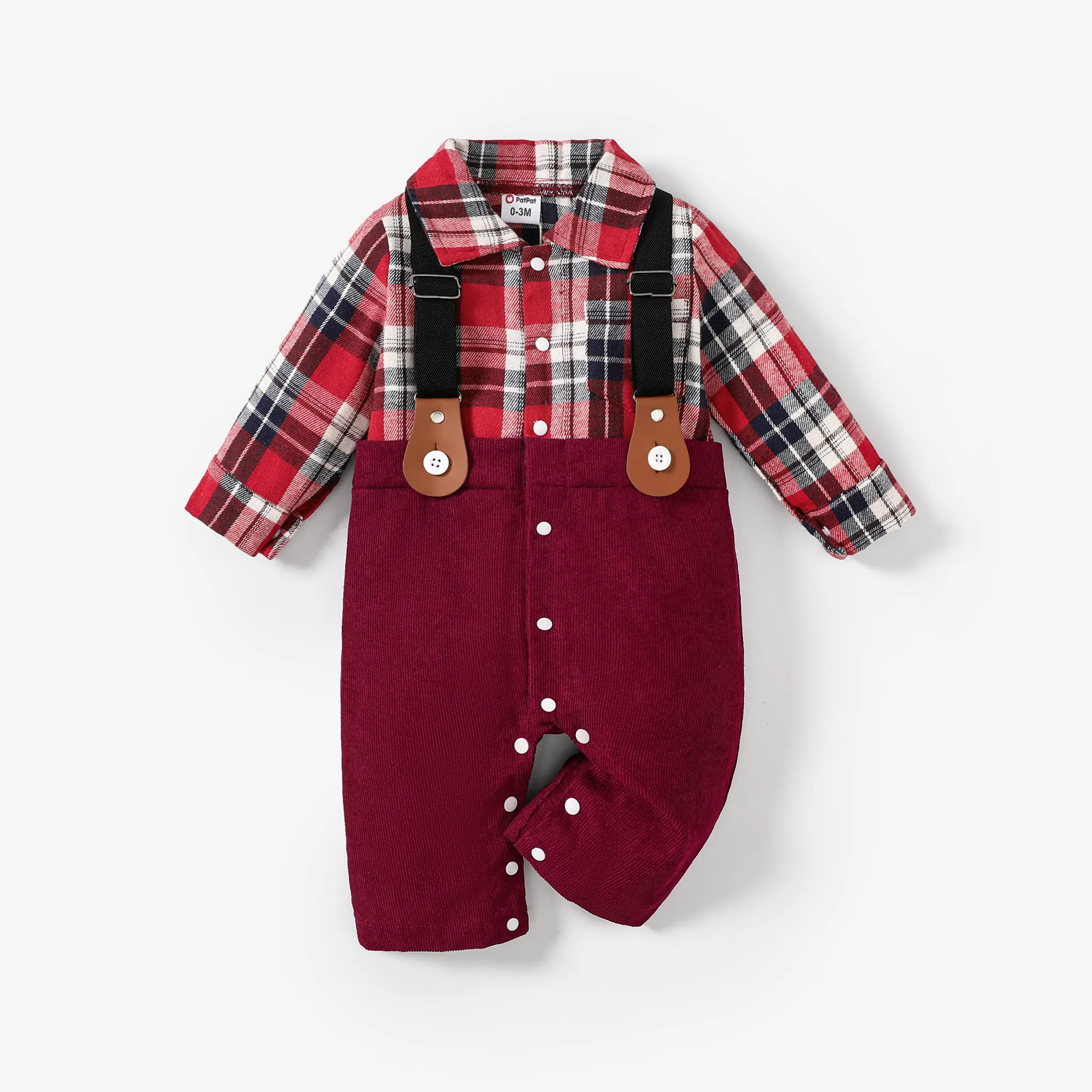 2pcs Baby Boy Christmas Grid/Houndstooth Faux Layered Jumpsuit Set