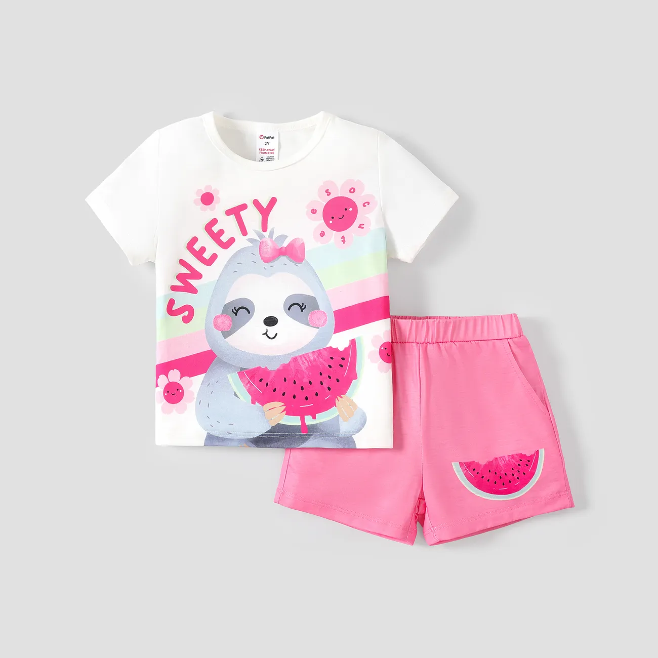 2pcs Toddler/Kid Girl Childlike Sloth Pattern Pajamas Set Pink big image 1