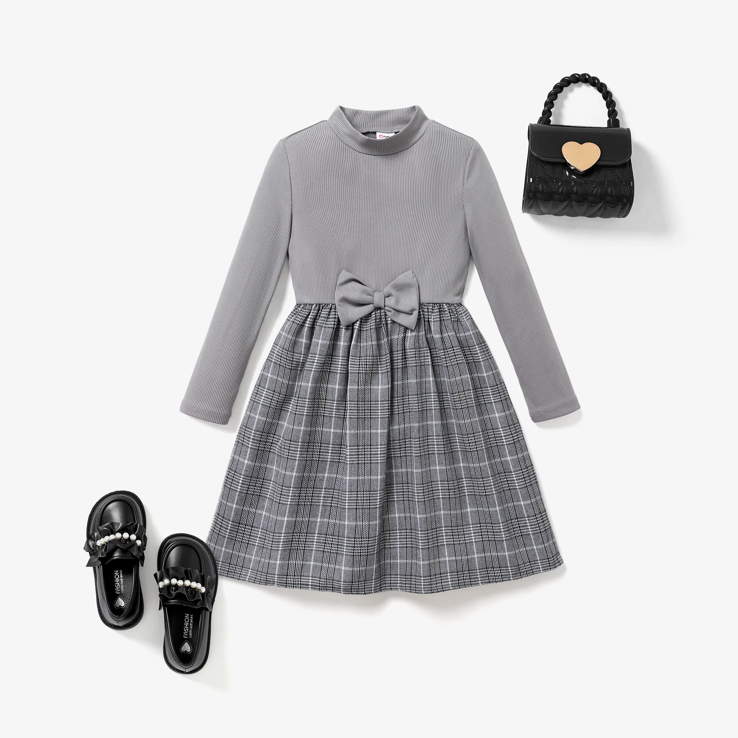 Kid Girl Preppy Style Turtle Neck Dress With Hyper-Tactile 3D Grid/Houndstooth Pattern And Bowknot Design