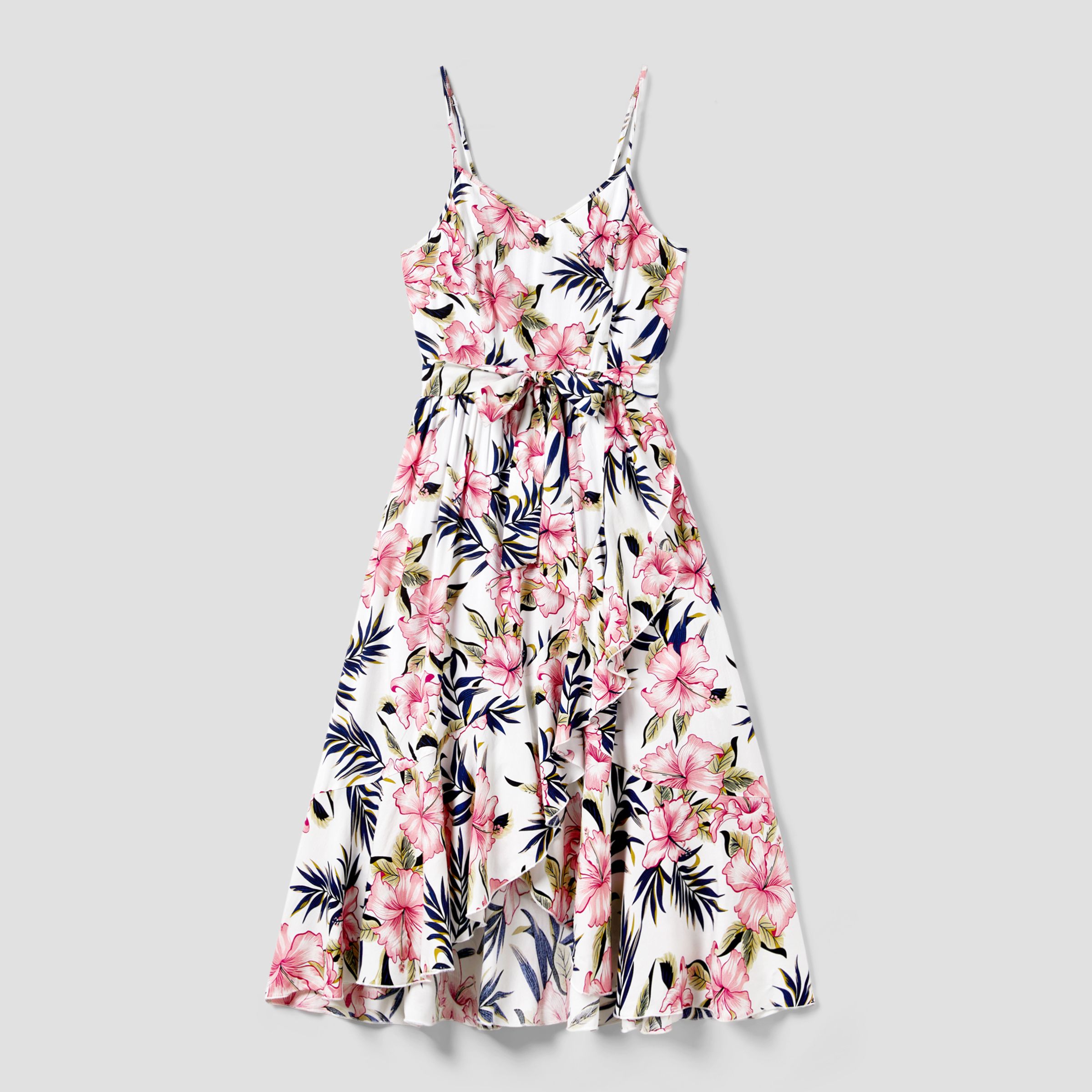Family Matching Floral Wrap Bottom Strap Dress And Colorblock T-shirt Sets