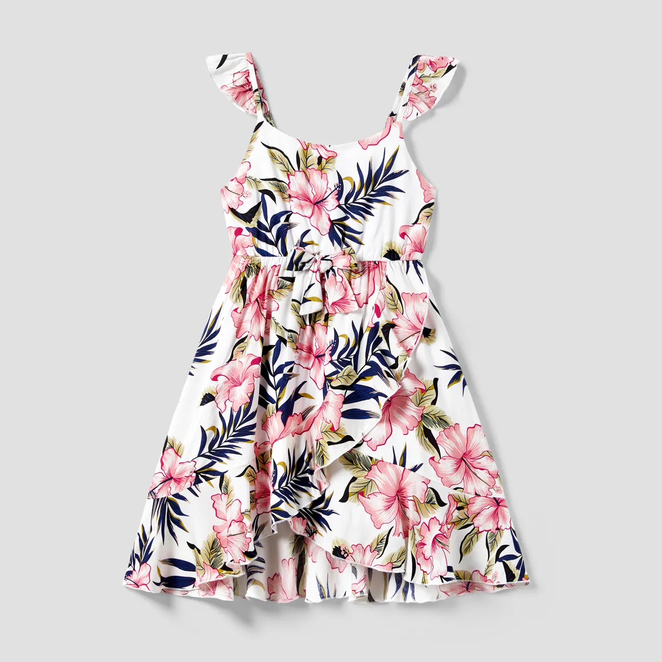 Family Matching Floral Wrap Bottom Strap Dress and Colorblock T-shirt Sets Pink big image 1