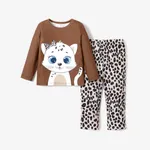 2pcs Baby/Toddler Girl Casual Cat Pattern Pajama Set Toddler Brown