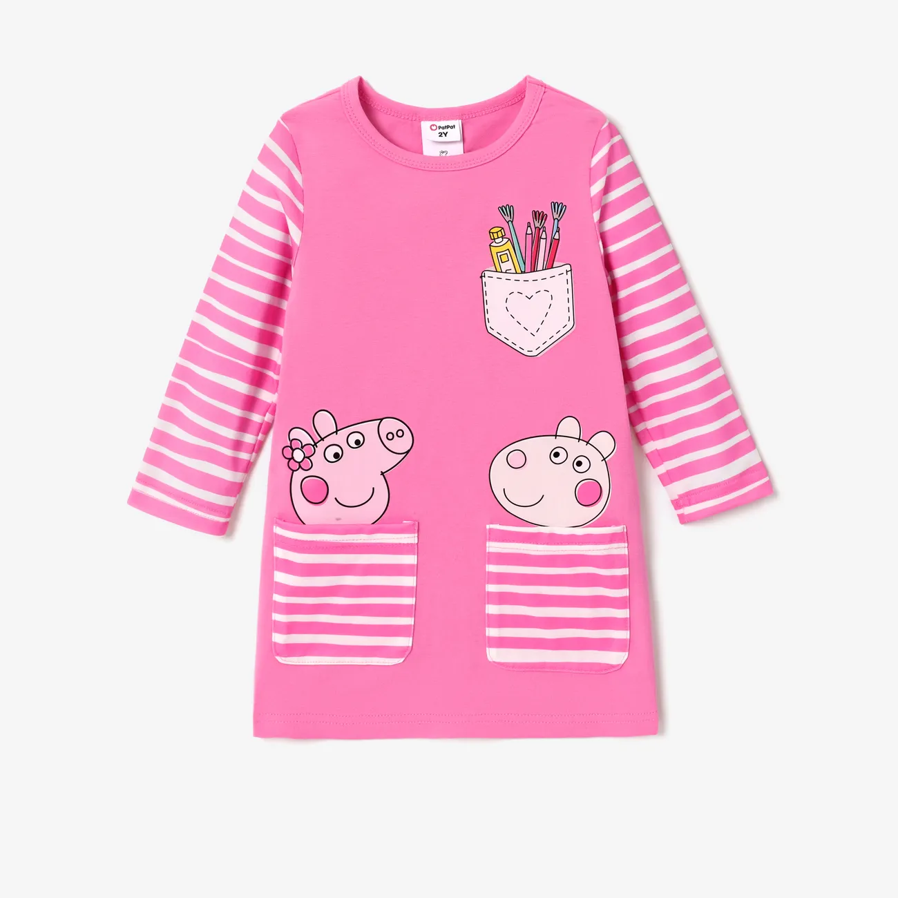 Peppa Pig Toddler Girl Striped Pocket Design Long-sleeve Cotton Dress Pink big image 1