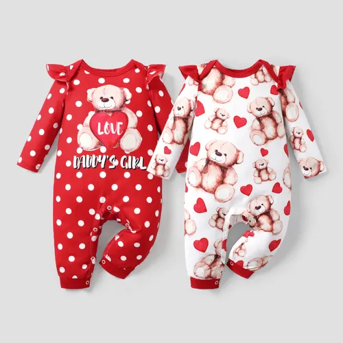 Baby Girl Valentine Sweet Bear and Polka Dot Print Jumpsuit