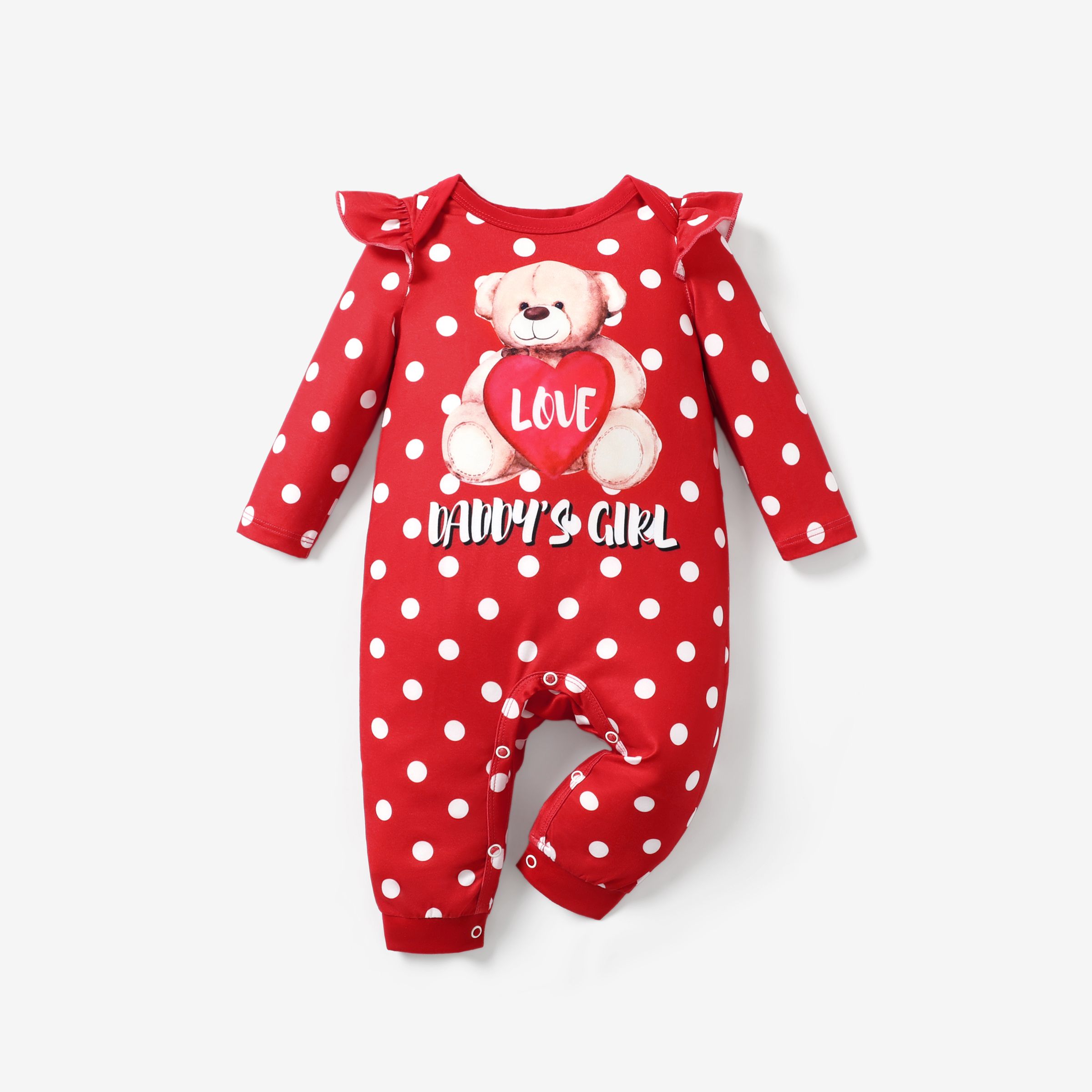 Baby Girl Valentine Sweet Bear And Polka Dot Print Jumpsuit