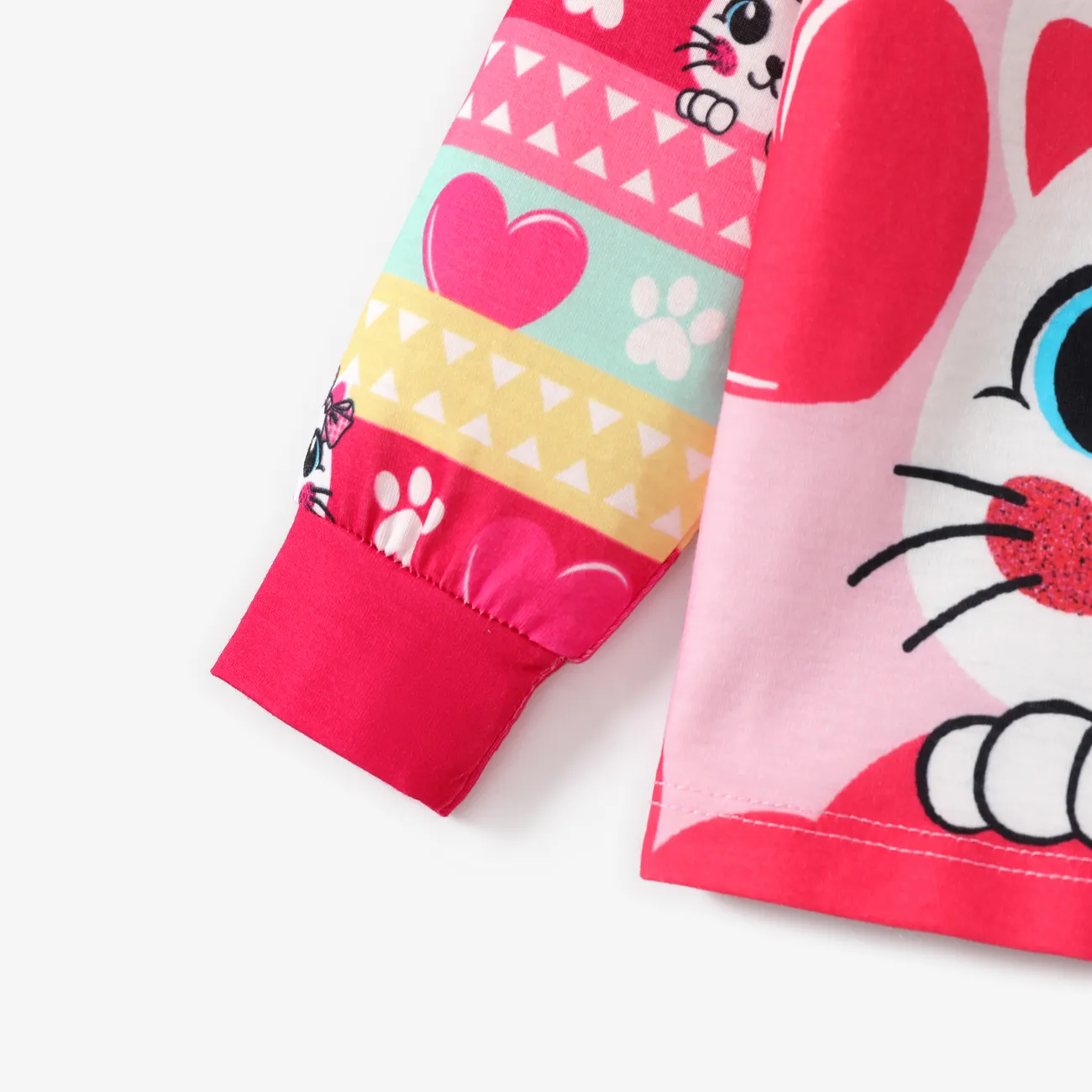 2pcs Baby/Toddler Girl Childlike Heart and Cat Pattern Pajama Set Color block big image 1