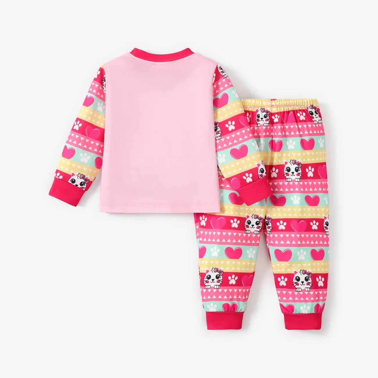 2pcs Baby/Kleinkind Mädchen Kindliches Herz und Katze Muster Pyjama Set Farbblock big image 1