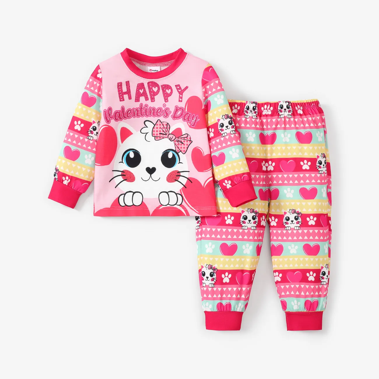2pcs Baby/Kleinkind Mädchen Kindliches Herz und Katze Muster Pyjama Set Farbblock big image 1