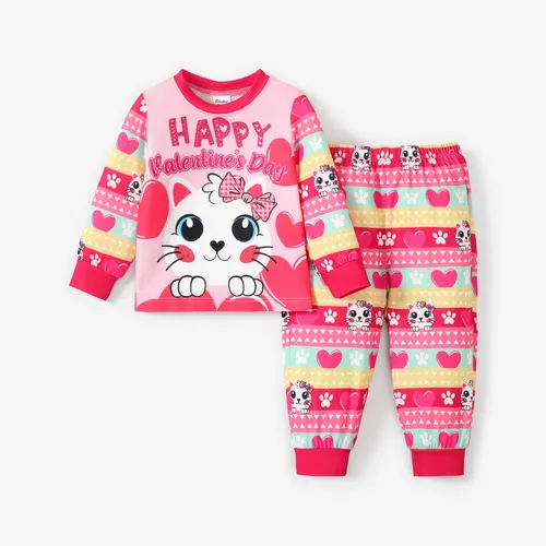 2pcs Baby/Kleinkind Mädchen Kindliches Herz und Katze Muster Pyjama Set