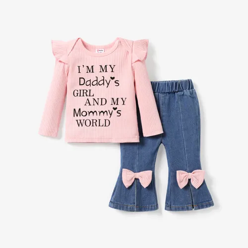 2pc bebê menina doce carta padrão top e conjunto jeans