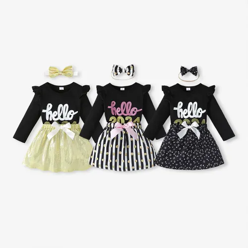 3pcs Toddler Girl's Sweet Flutter Sleeve Letter Pattern Dress Set with Headband