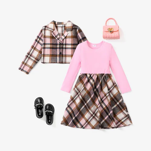  2-Piece Kid Girl's Preppy style Dress Set in Grid/Houndstooth