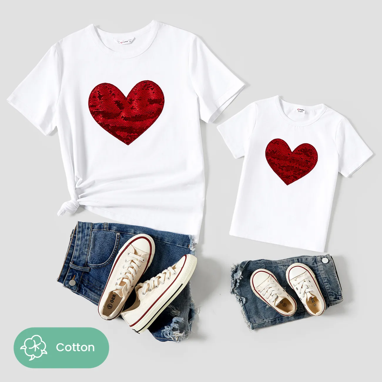 Valentine's Day Mommy and Me Heart Pattern Sparkling Reversible Sequin Embellished T-shirt Tops White big image 1
