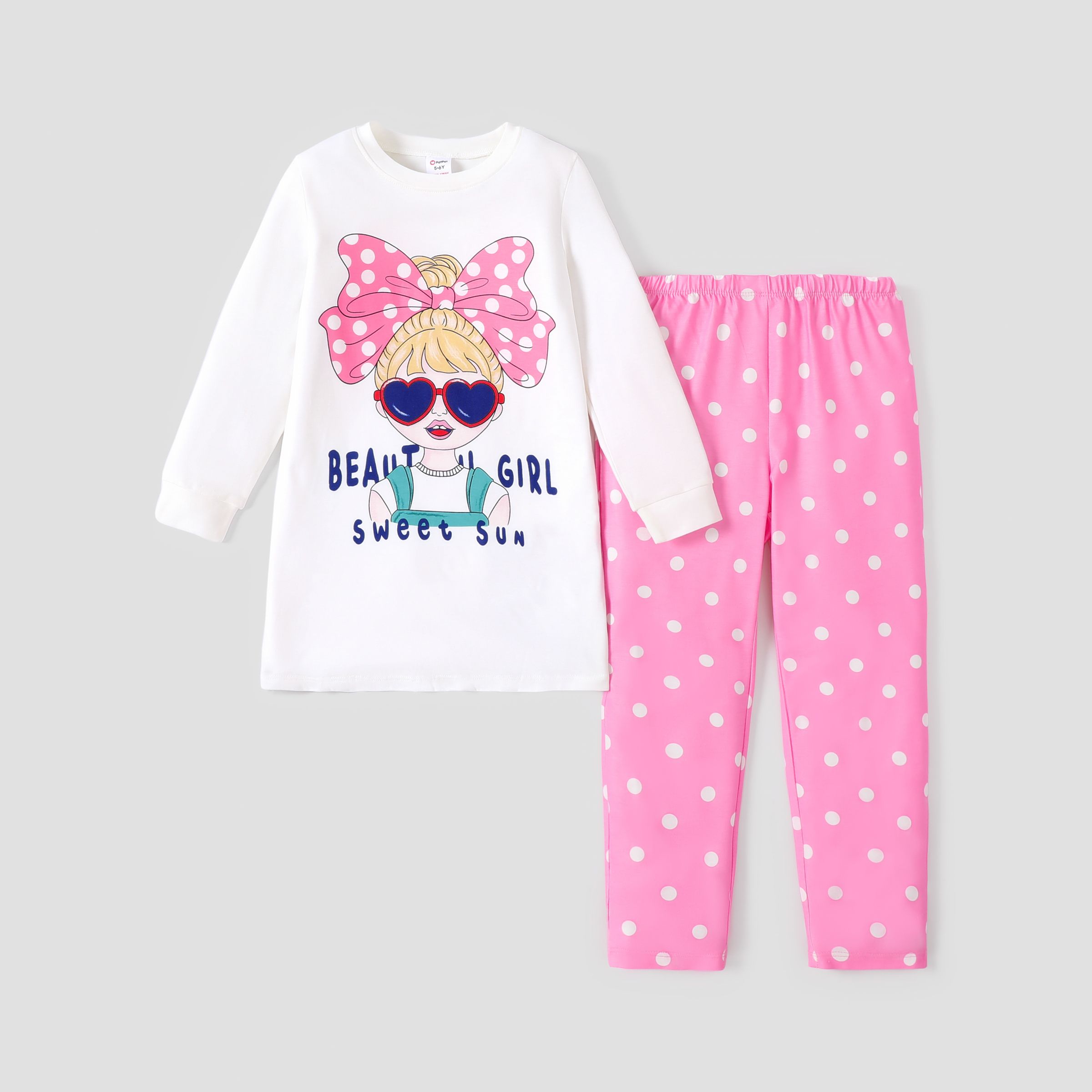2pcs Kid Girl Sweet Character Pattern Polka Dot Pajamas