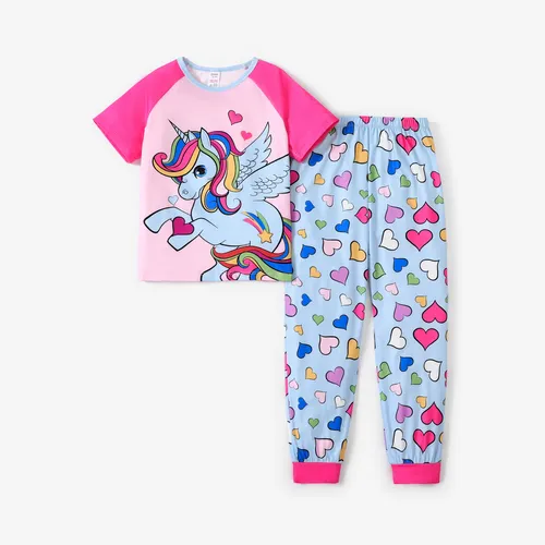 2pcs criança menina casual unicórnio padrão pijamas set