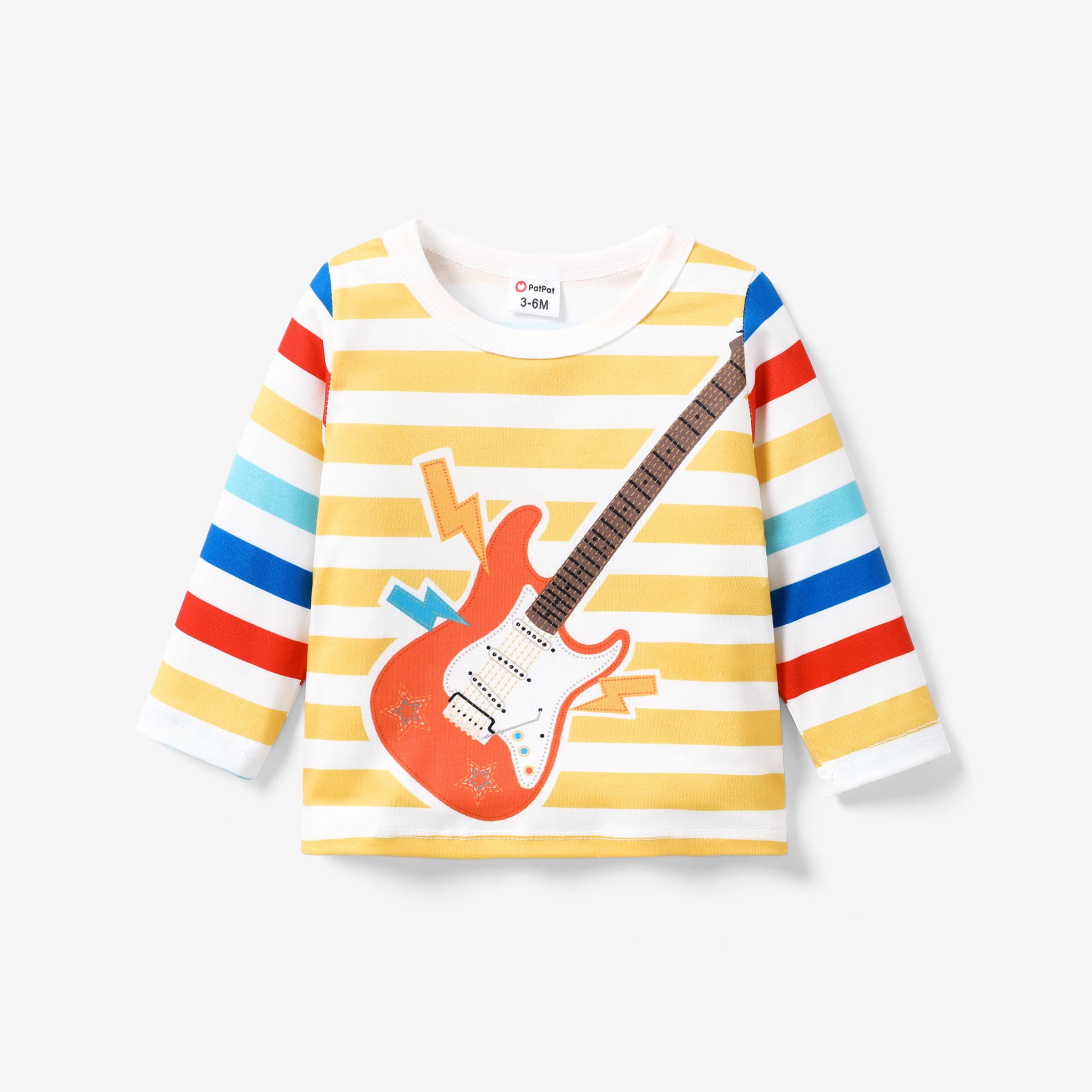 Baby Boy Childlike Stripe And Guitar Pattern Tee