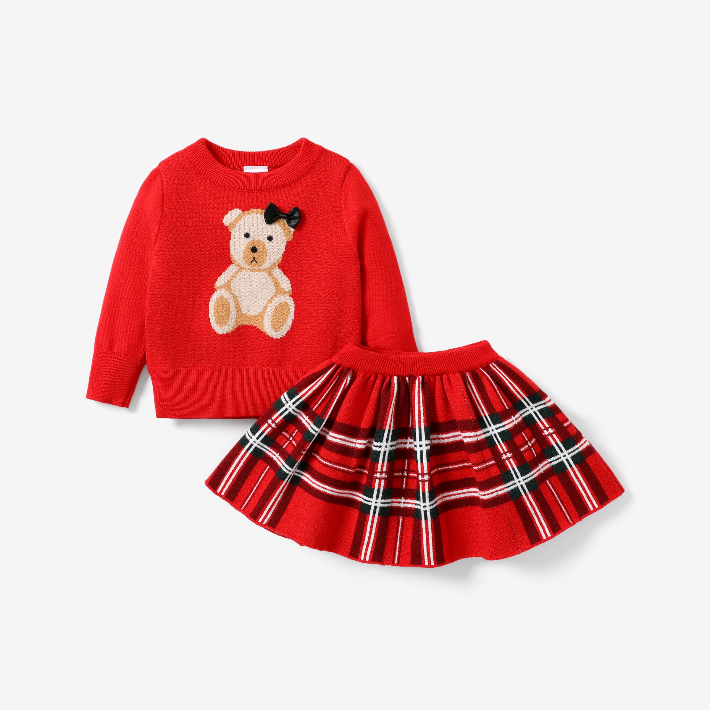 New Year  2pcs Baby Girls Plaid Bear Animal Pattern Skirt Set With 3D Bowknot Design