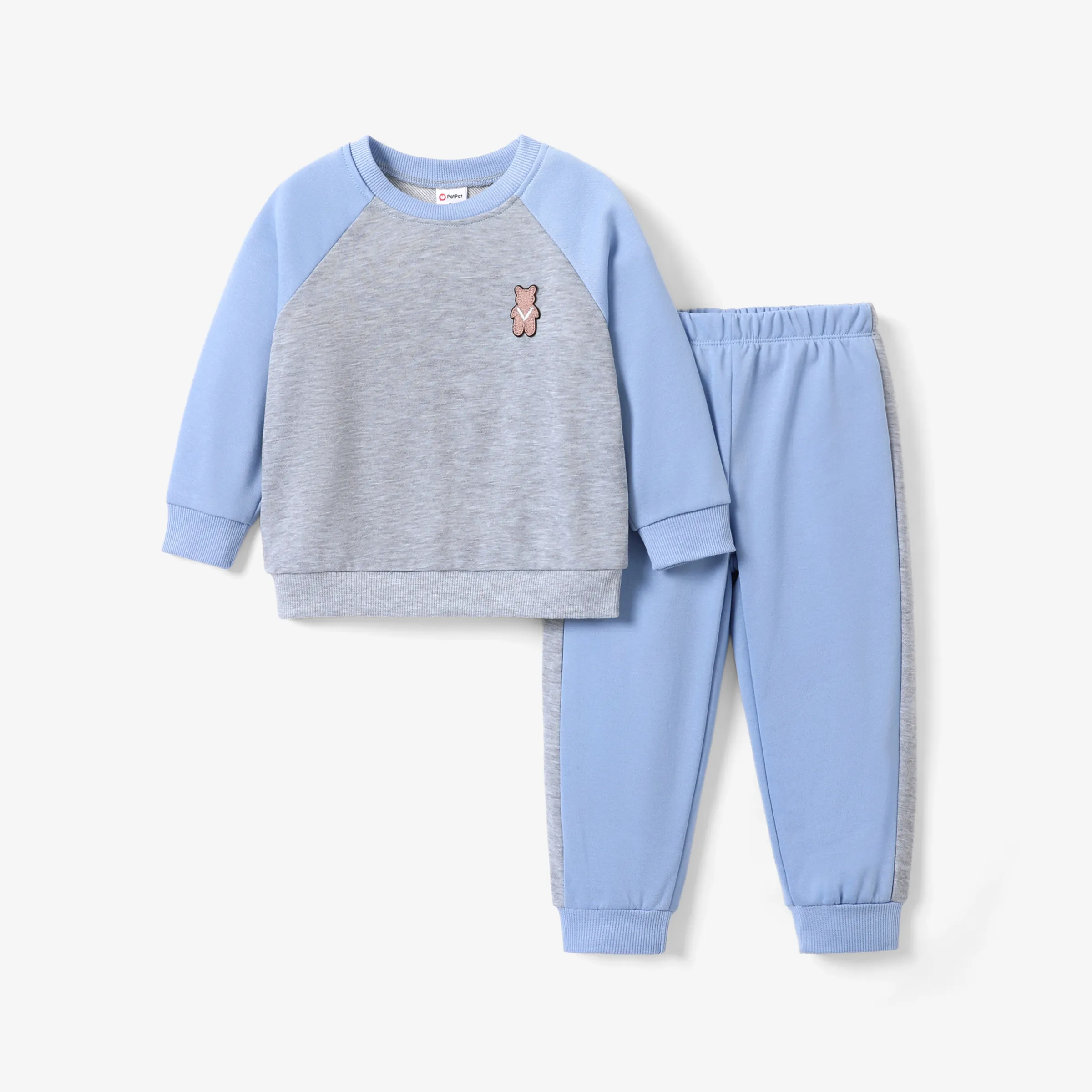 2pcs Toddler Boy Fabric Stitching Animal Pattern Bear Top And Pants Set
