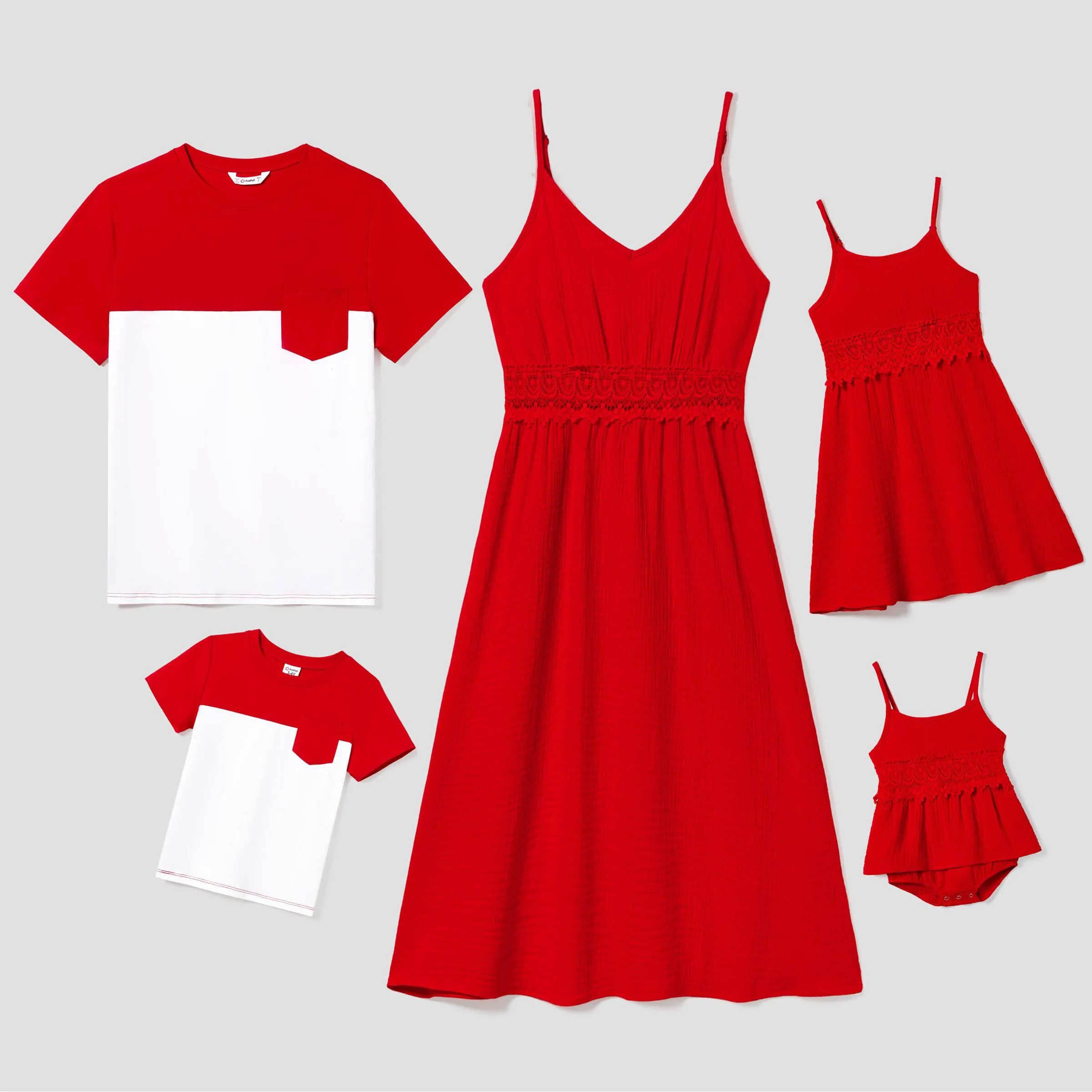 Valentine's Day Family Matching Colorblock T-shirt and Red Cotton Lace Trim Strap Dress Sets