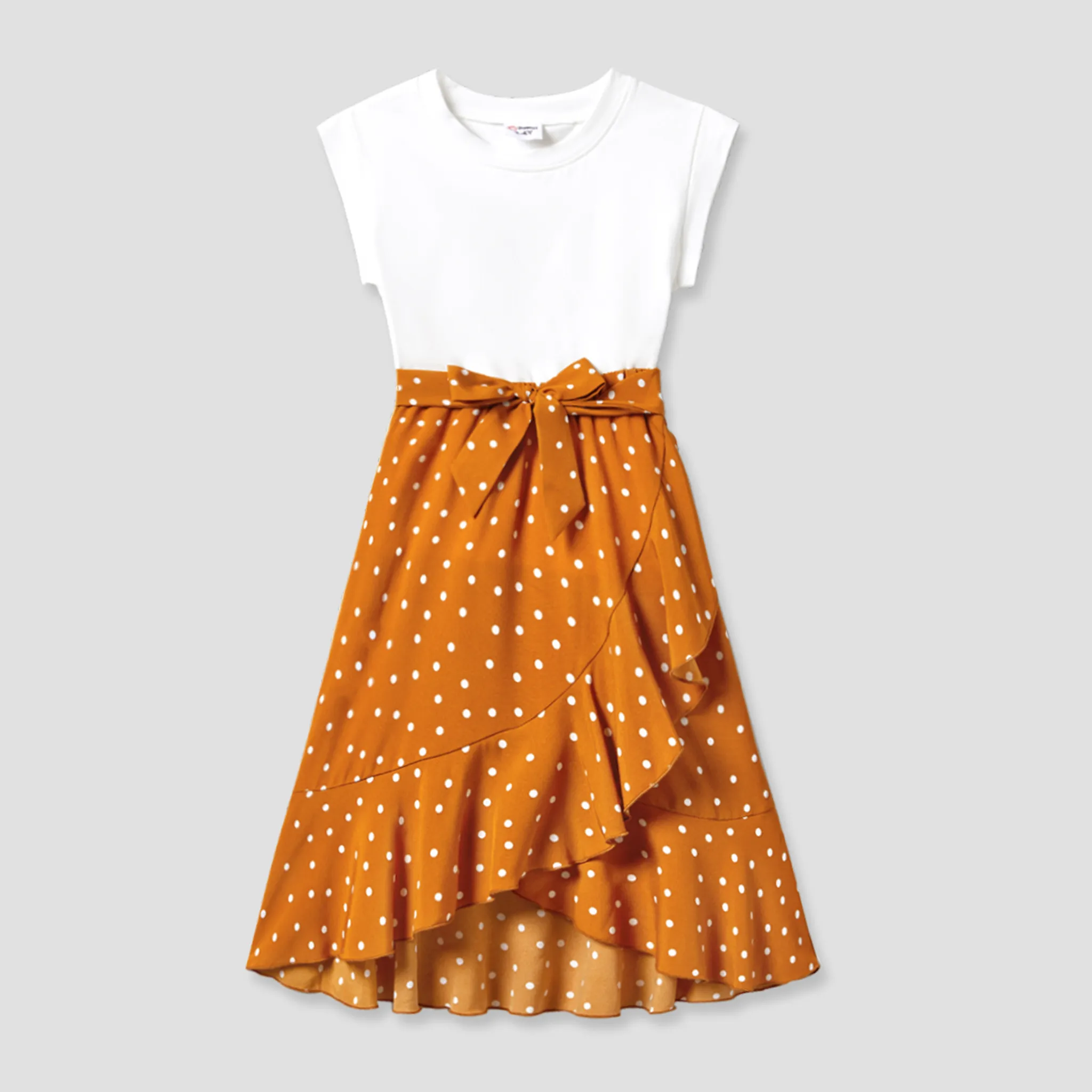 

Family Matching Stripe T-shirt and White Top with Orange Polka Dot Wrap Bottom Ruffled Hem Skirt Set