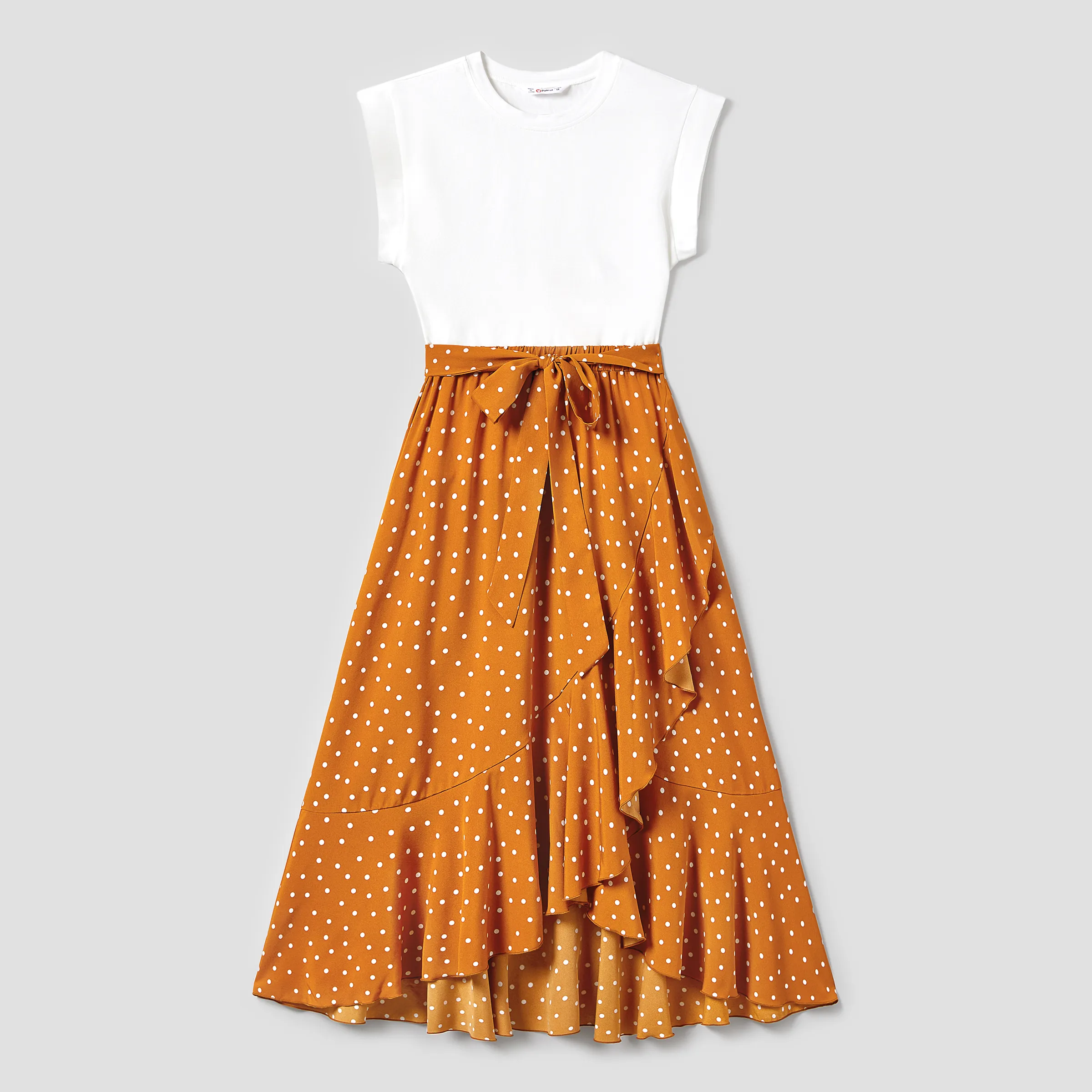 

Family Matching Stripe T-shirt and White Top with Orange Polka Dot Wrap Bottom Ruffled Hem Skirt Set