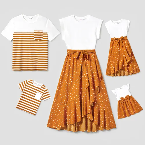 家庭配套條紋 T 恤和白色上衣搭配橙色波點圍裹下裝荷葉邊下擺裙套裝