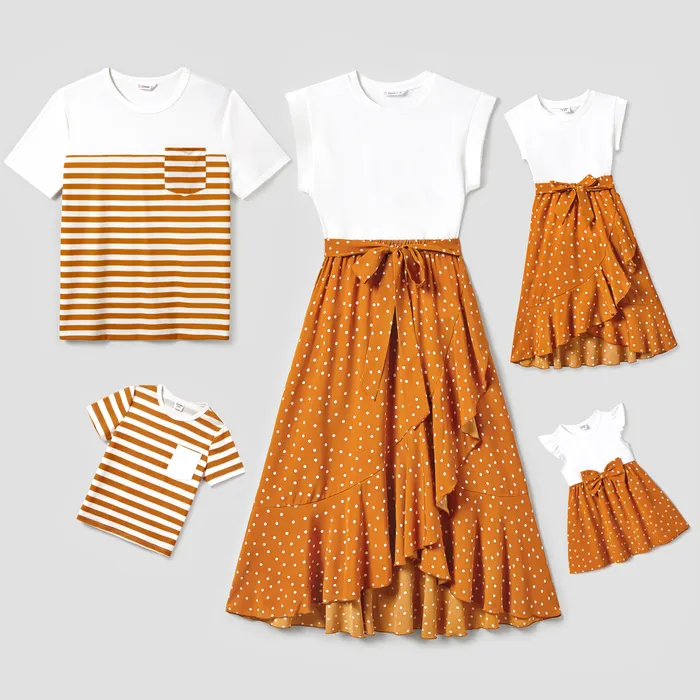 Family Matching Stripe T-shirt and White Top with Orange Polka Dot Wrap Bottom Ruffled Hem Skirt Set