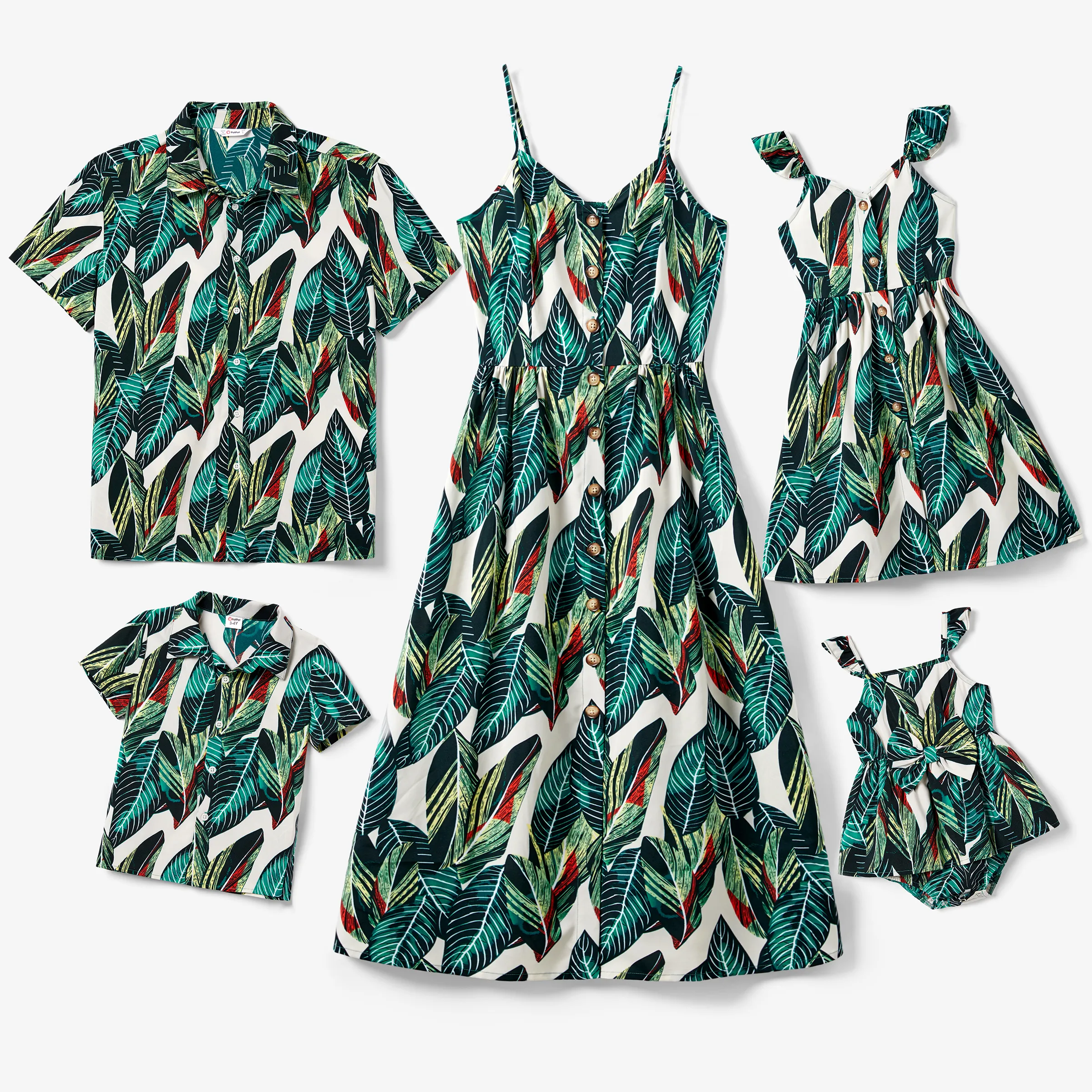Family Matching Allover Leaf Print Shirt And Button-Front Strap Dress Sets