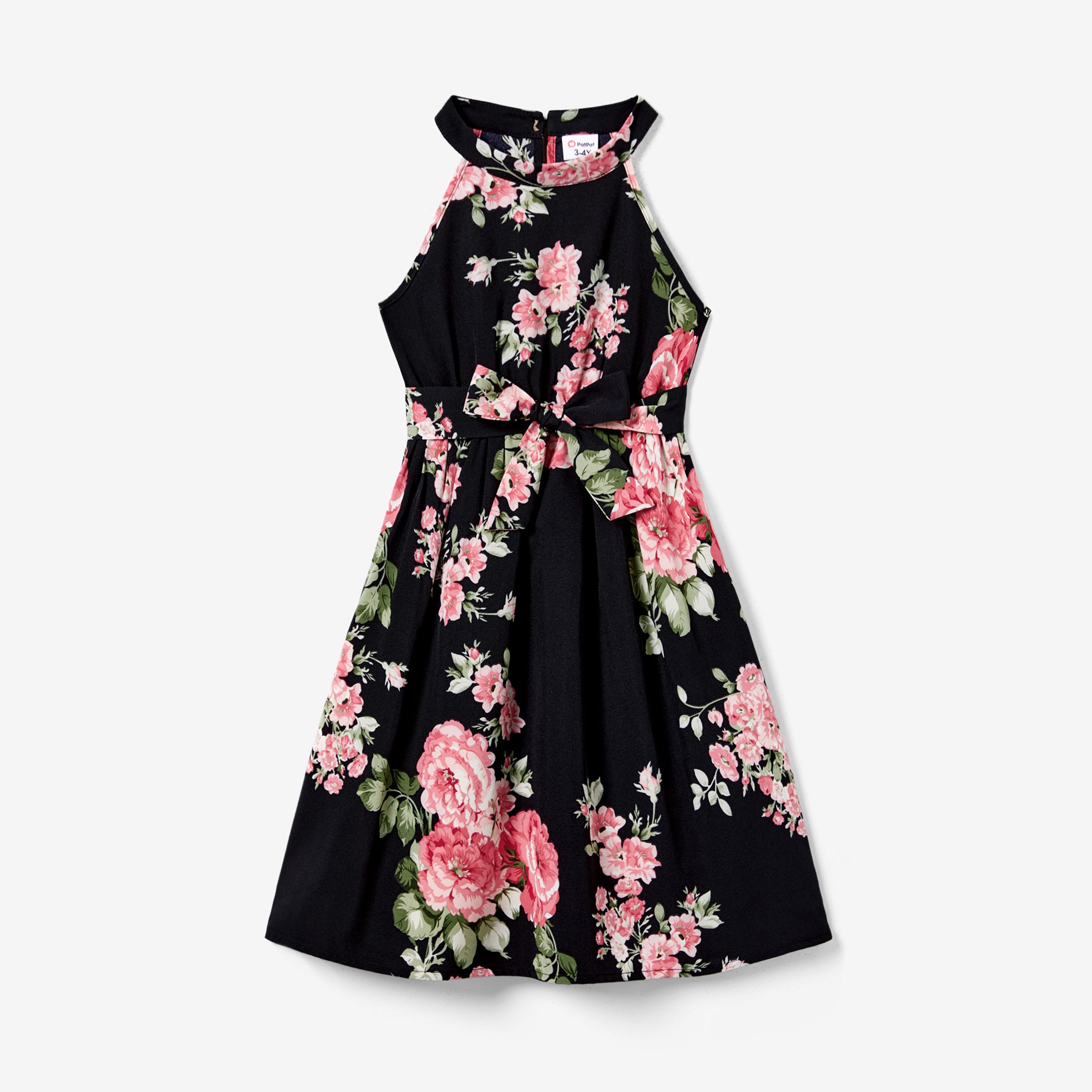 Family Matching Floral High Neck Halter Dress And Colorblock Stripe T-shirt Sets