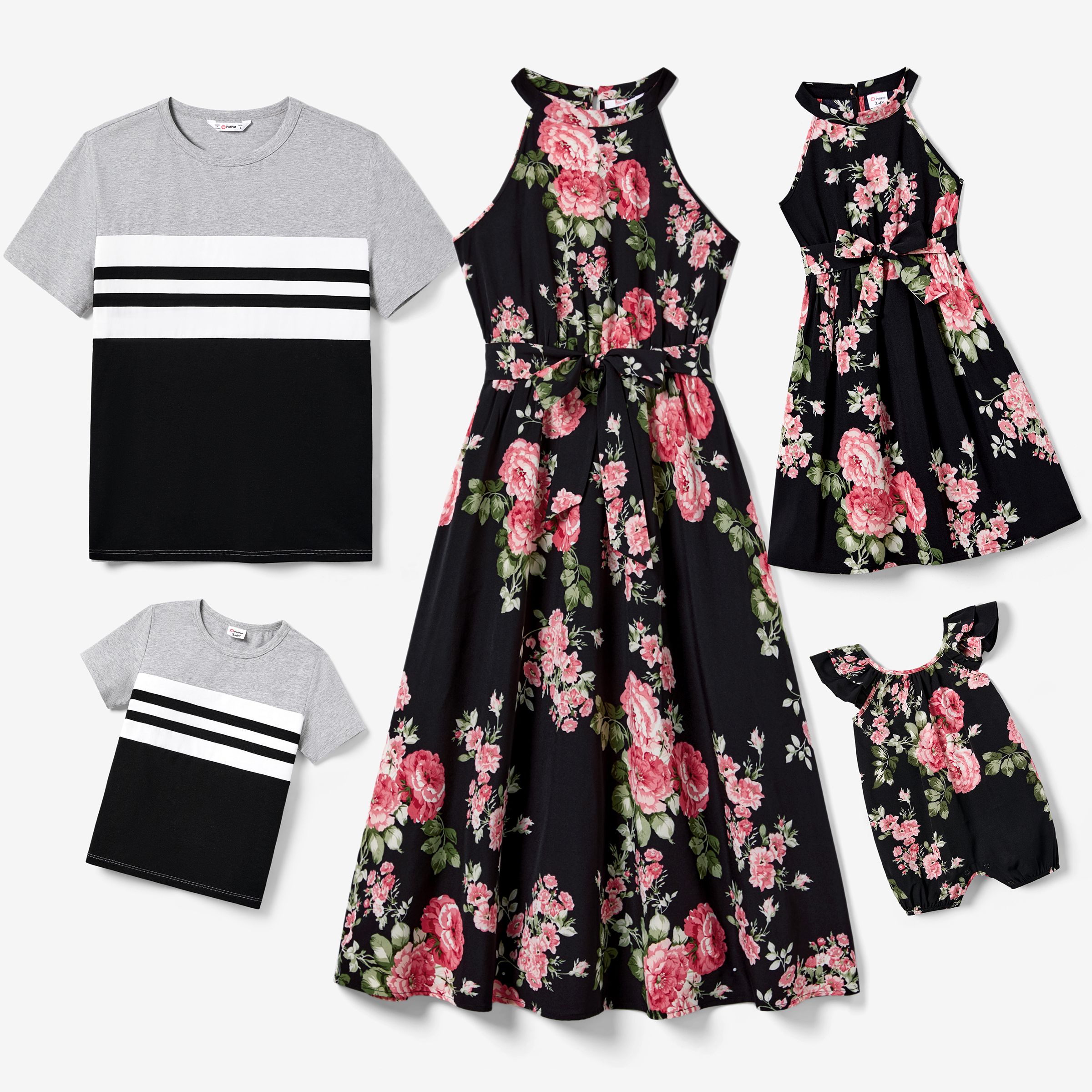 Family Matching Floral High Neck Halter Dress And Colorblock Stripe T-shirt Sets
