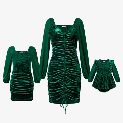 Mommy and Me Green Solid Velvet Long-sleeve Drawstring Bodycon Dresses