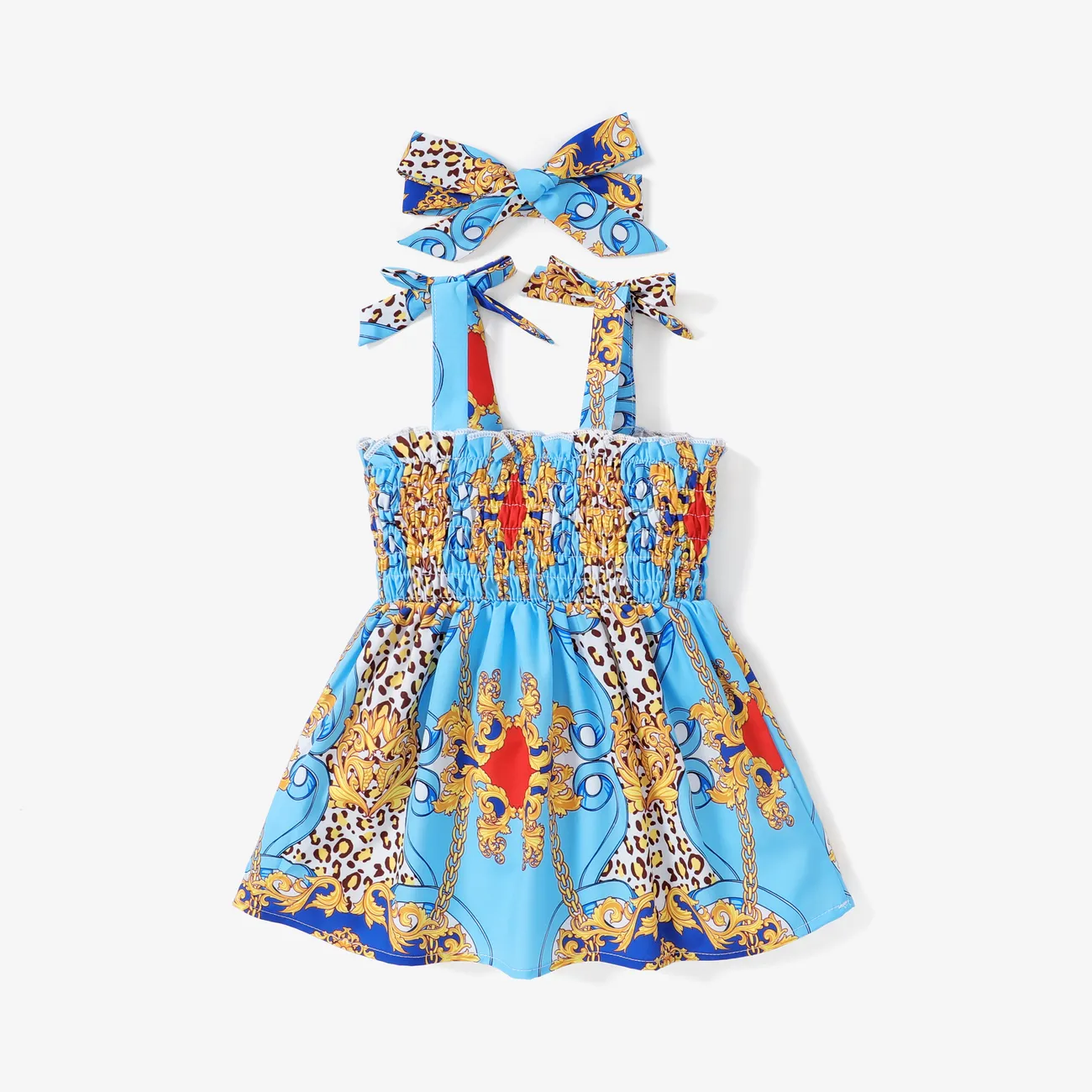 Baby Girl Sweet Ruffled Hanging Strap Dress with Headband Blue big image 1