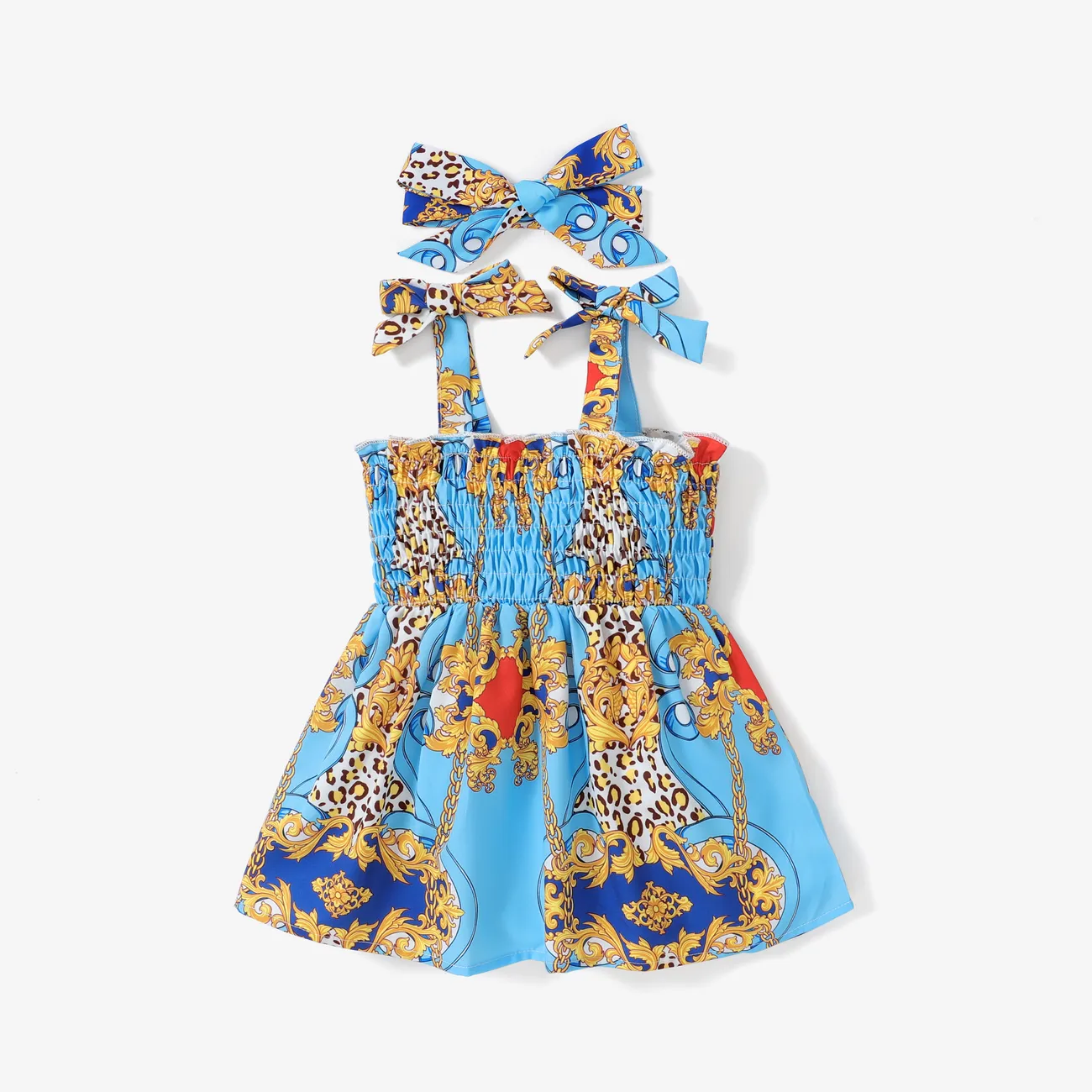Baby Girl Sweet Ruffled Hanging Strap Dress with Headband Blue big image 1