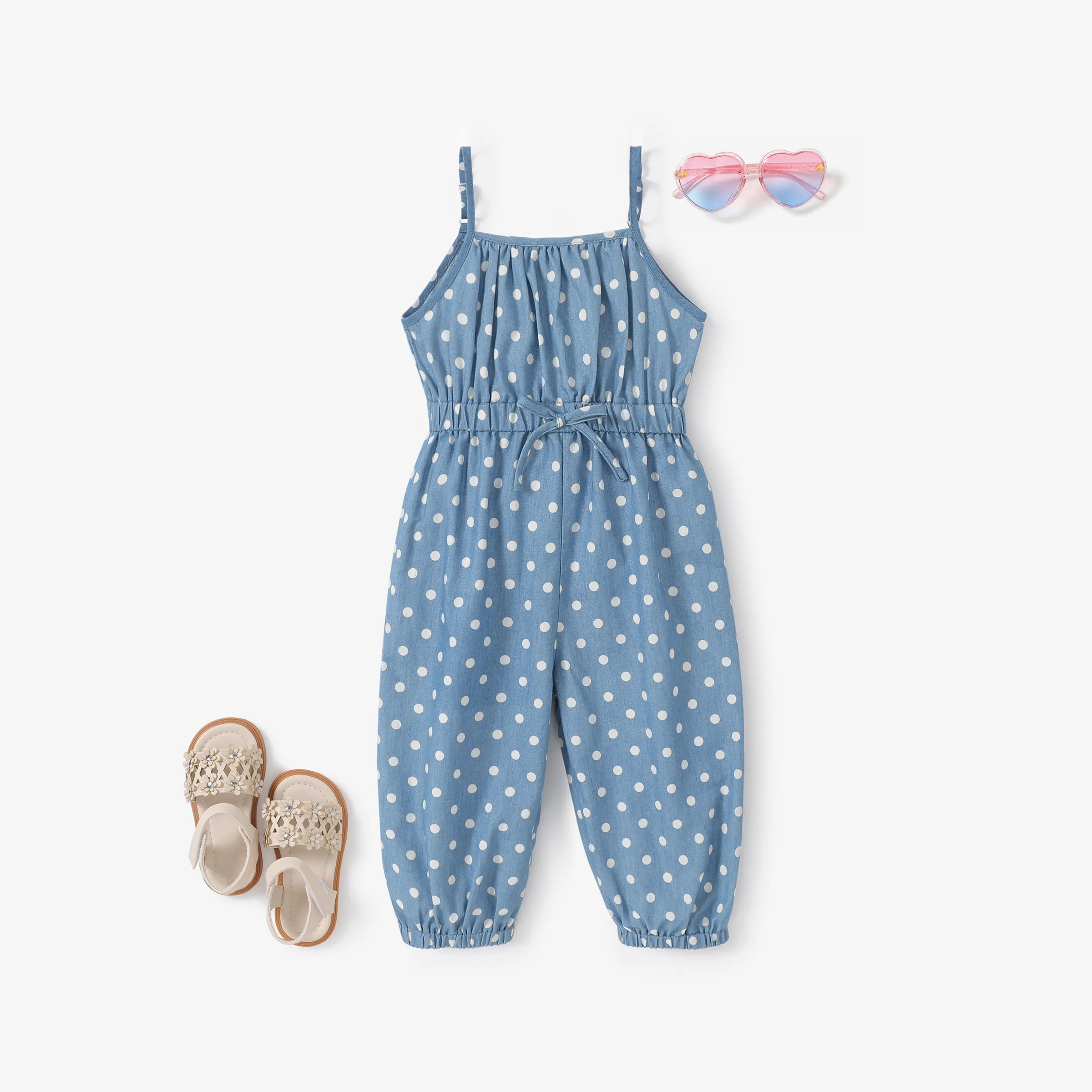 Toddler Girl Polka dots Bowknot Design Denim Cami Jumpsuits Blue big image 1