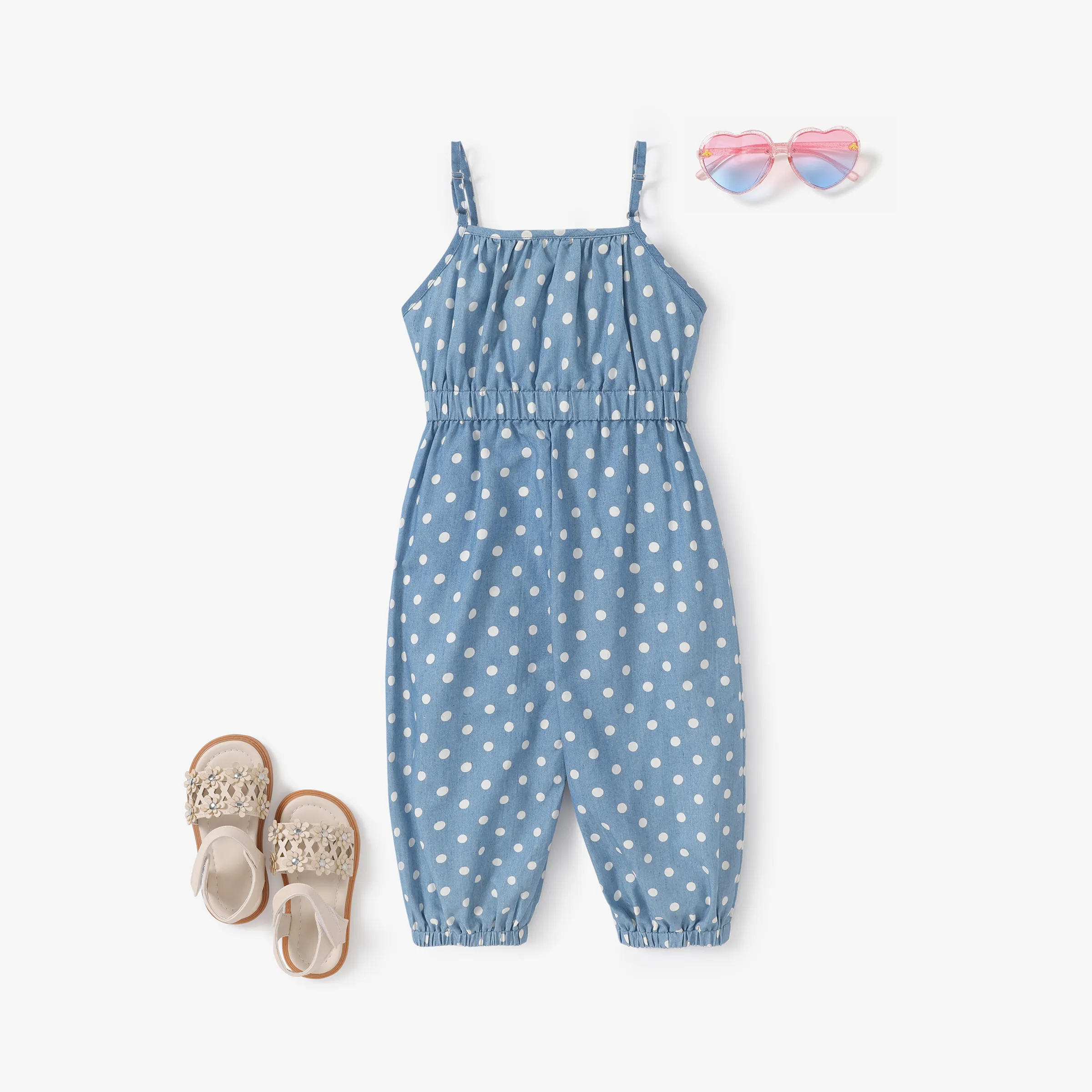 Toddler Girl Polka dots Bowknot Design Denim Cami Jumpsuits Blue image 2