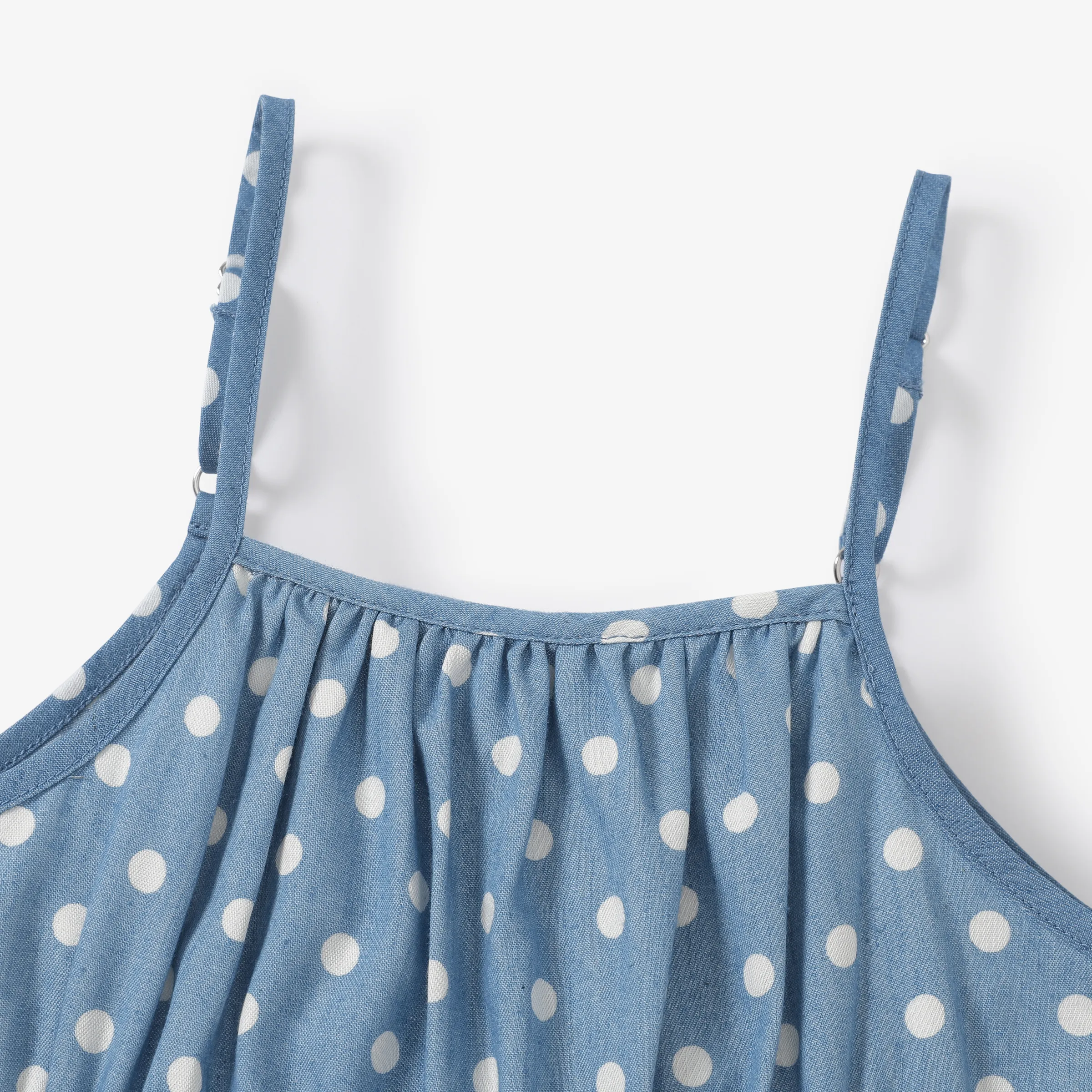 Toddler Girl Polka dots Bowknot Design Denim Cami Jumpsuits Blue image 3