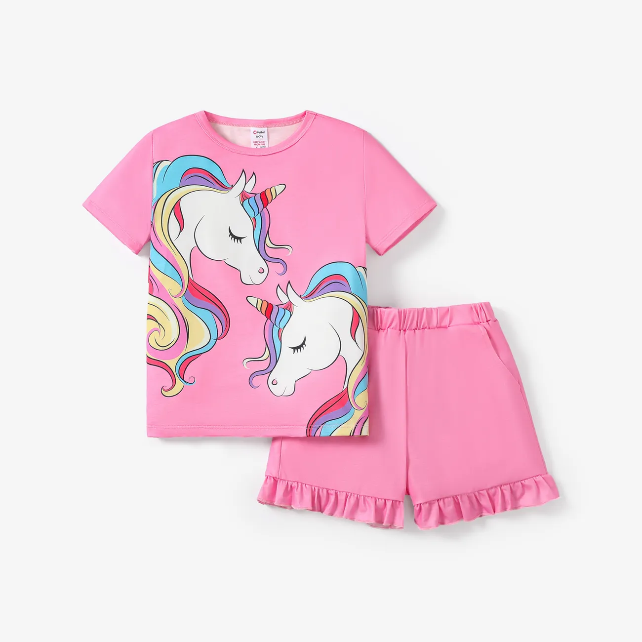 2pcs Kid Girl Casual Unicorn Pattern Pajama Set Pink big image 1
